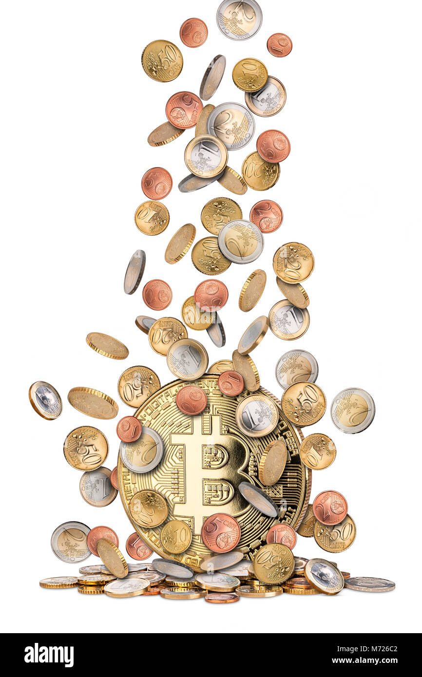 Euro moneta denaro pioggia caduta dal cielo su golden bitcoin crypto valuta  isolati su sfondo bianco business finanziario il concetto di successo Foto  stock - Alamy