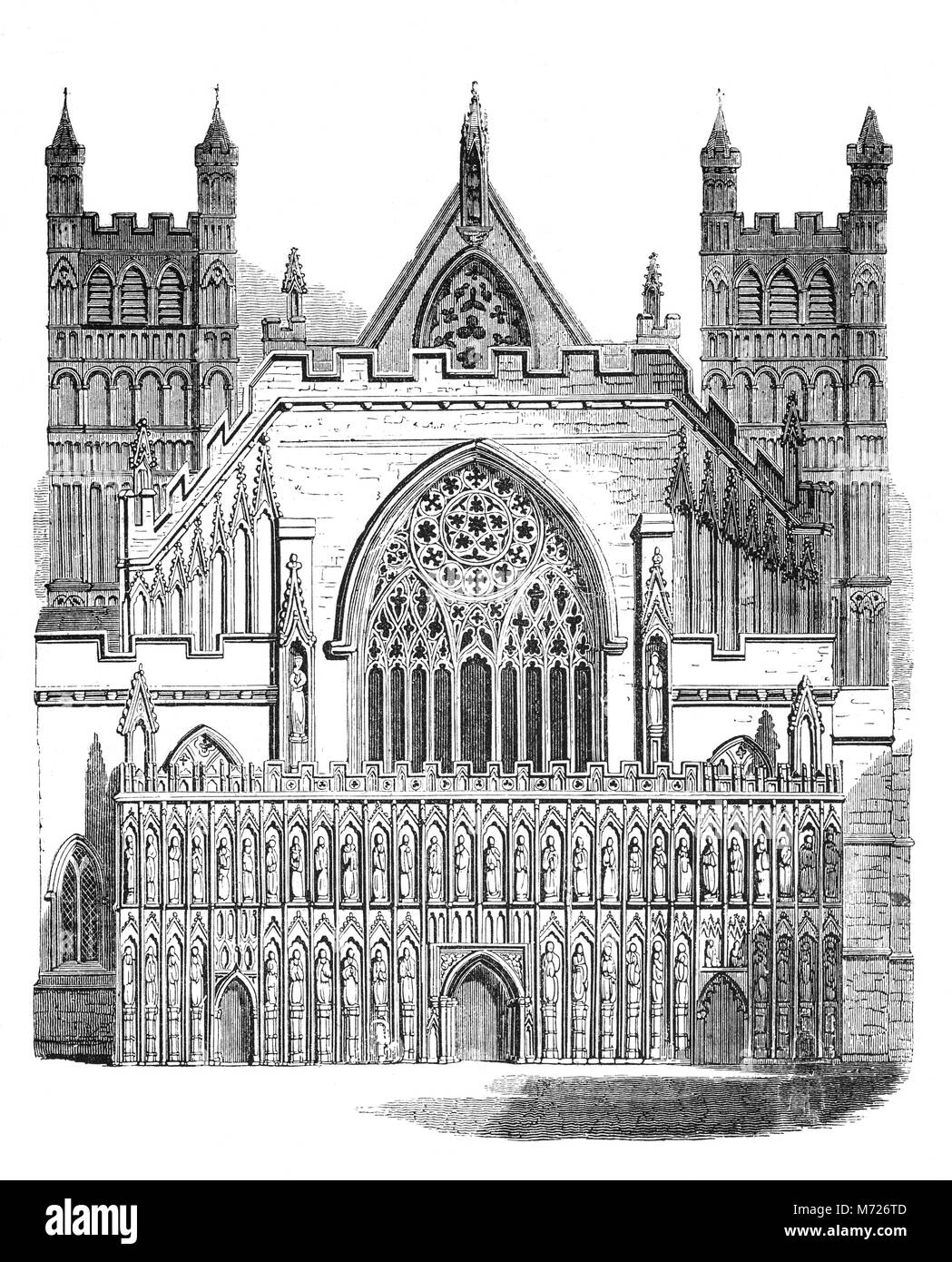 Il fronte ovest schermata Immagine della Cattedrale di Exeter è una delle grandi caratteristiche architettoniche medievali di Inghilterra. La schermata immagine ha segnato il completamento della ricostruzione della cattedrale in stile gotico intorno al 1340. La presente anglicana Cattedrale di Exeter si trova nella città di Exeter Devon, nel sud ovest dell'Inghilterra. Foto Stock
