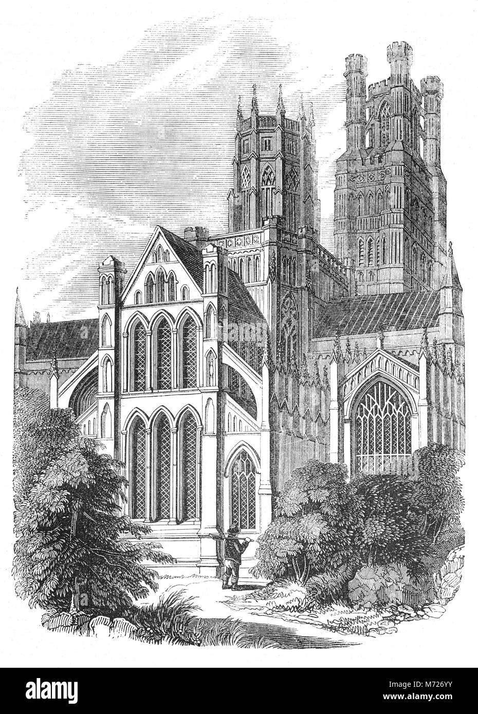 Cattedrale di Ely ha le sue origini in ANNUNCIO 672 quando St Etheldreda costruita una chiesa abbaziale. L'edificio attuale risale al 1083, e cattedrale è stato concesso nel 1109. Costruito in una monumentale in stile romanico, di esuberante gusto gotico, la sua caratteristica più rilevante è il centro di Torre ottagonale, con la lanterna sopra, che prevede un unico spazio interno e con la West Tower, domina il paesaggio circostante. Città di Ely, Cambridgeshire, Inghilterra. Foto Stock