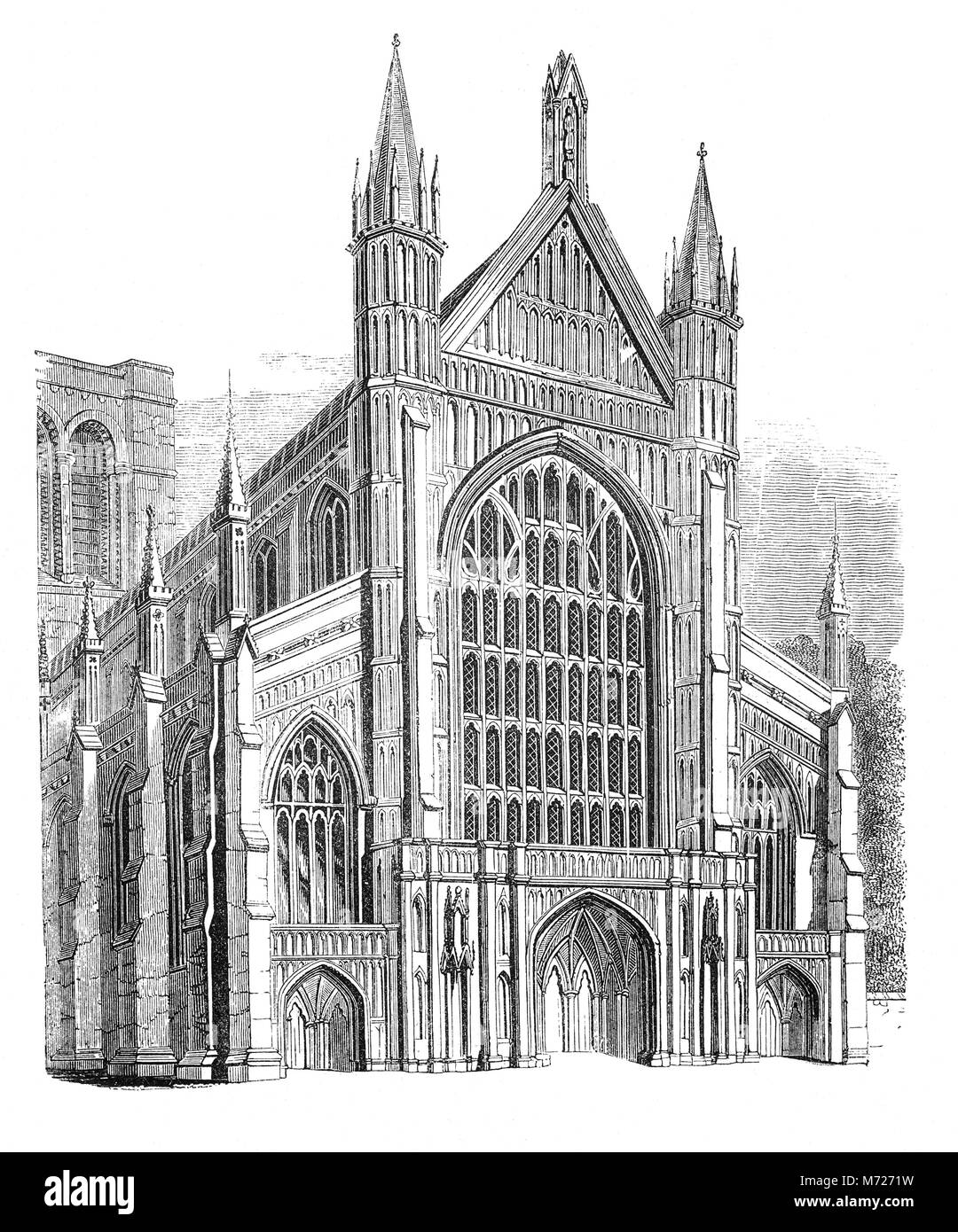 La facciata ovest del gotico normanno La cattedrale di Winchester è una chiesa di Inghilterra nella cattedrale di Winchester, Hampshire, Inghilterra. Si tratta di una delle più grandi cattedrali in Europa, con la più lunga navata e la maggiore lunghezza totale di una cattedrale gotica in Europa. In 1079, Walkelin, Vescovo di Winchester, ha iniziato a lavorare sulla Cattedrale e fu consacrata nel 1093. Foto Stock