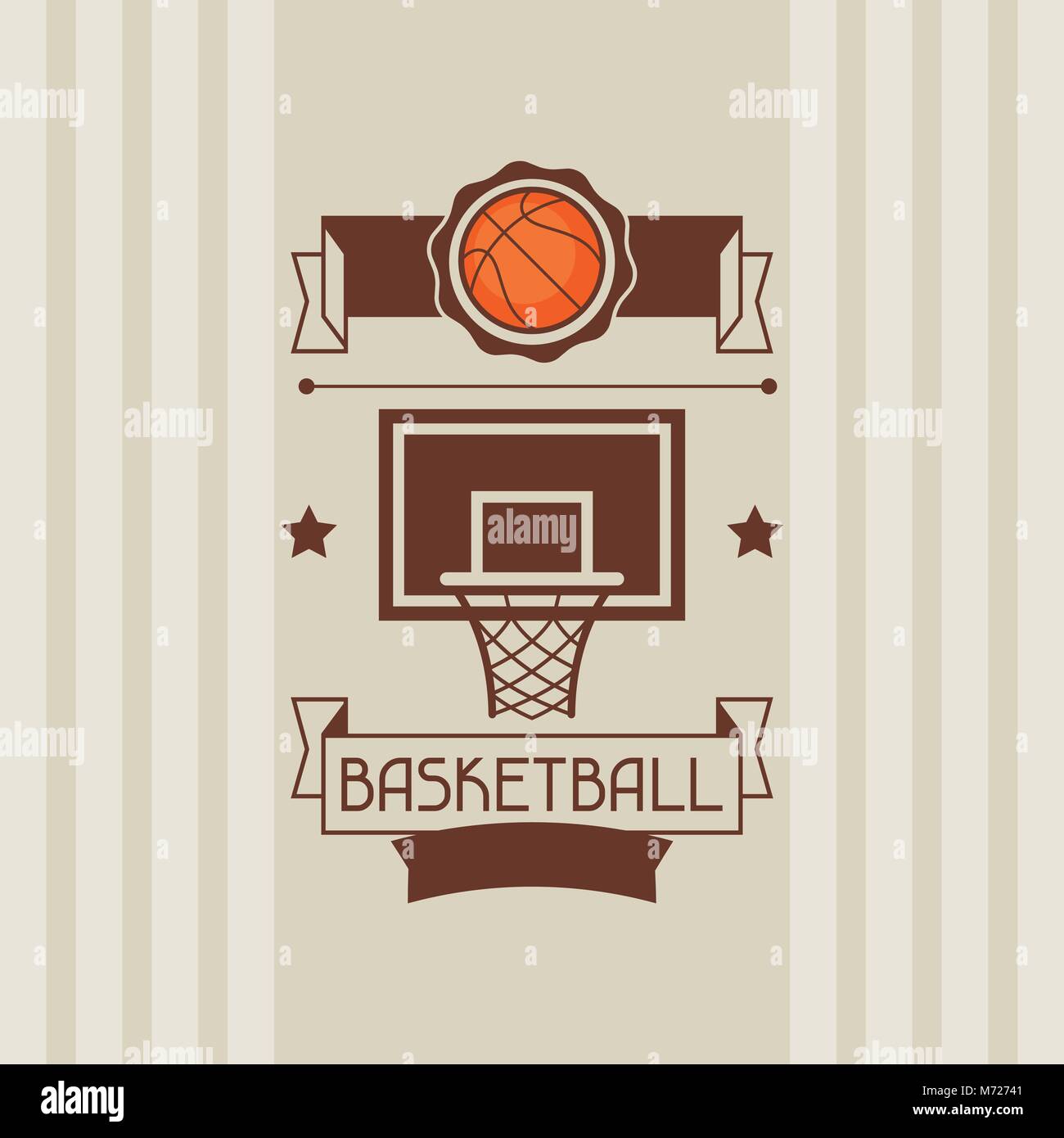 Sfondo con la pallacanestro, sfera, hoop ed etichette Illustrazione Vettoriale
