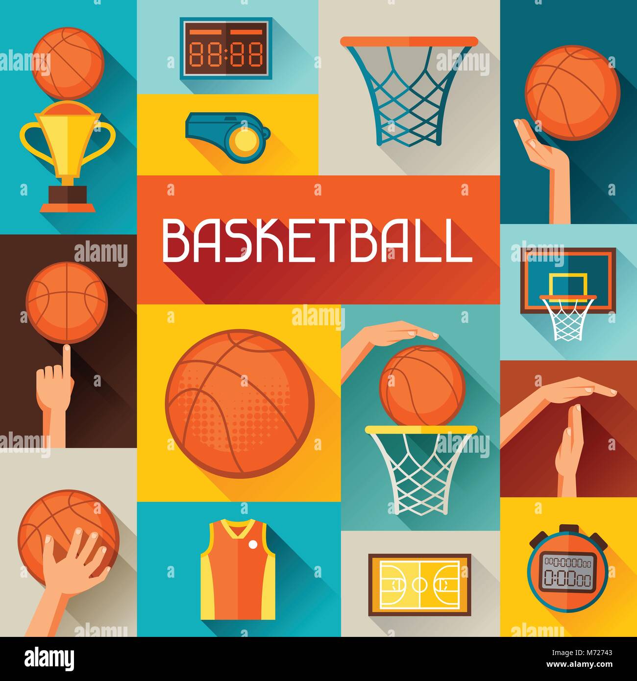 Sfondo di sport con le icone di basket in stile piatto Illustrazione Vettoriale