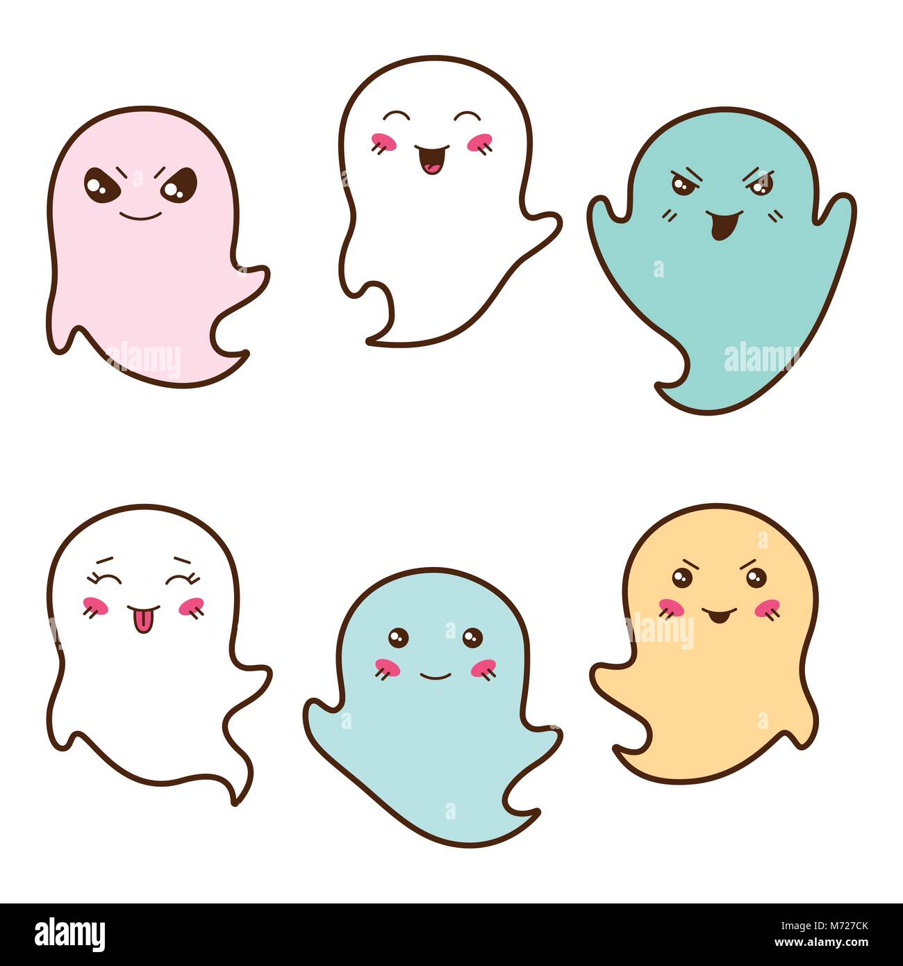 Set di kawaii fantasmi con diverse espressioni del viso Illustrazione Vettoriale