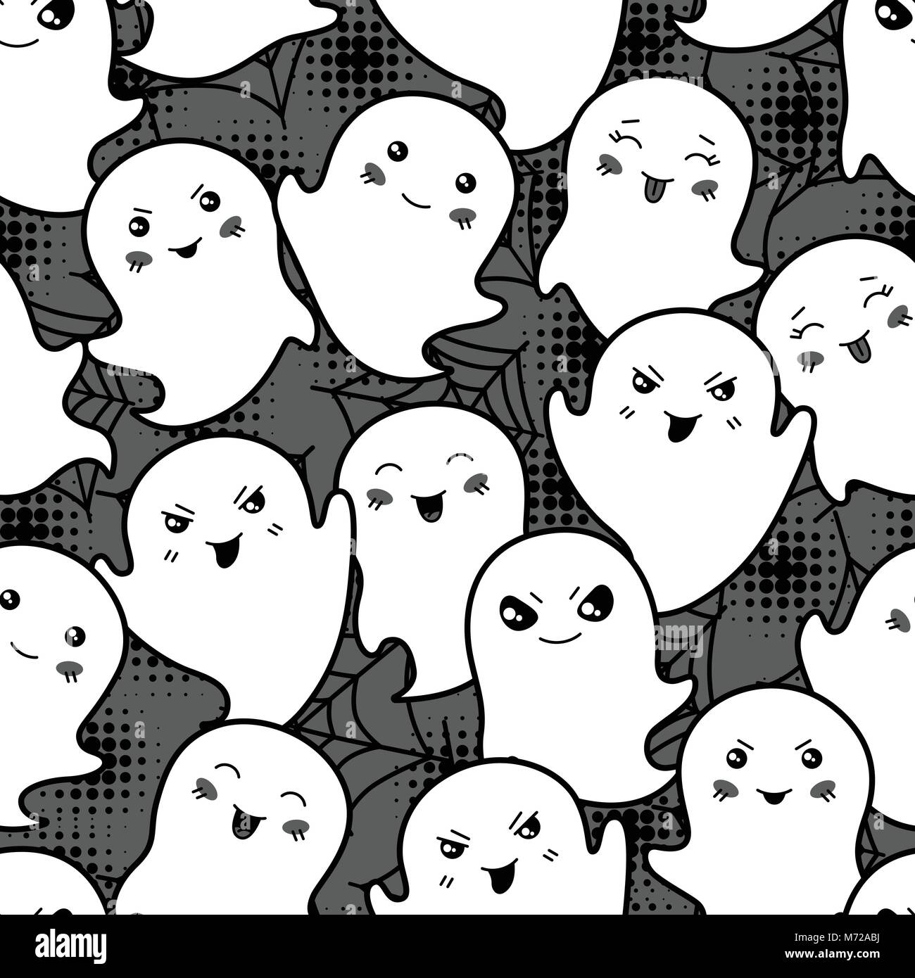 Seamless halloween kawaii cartoon pattern con simpatici fantasmi Illustrazione Vettoriale