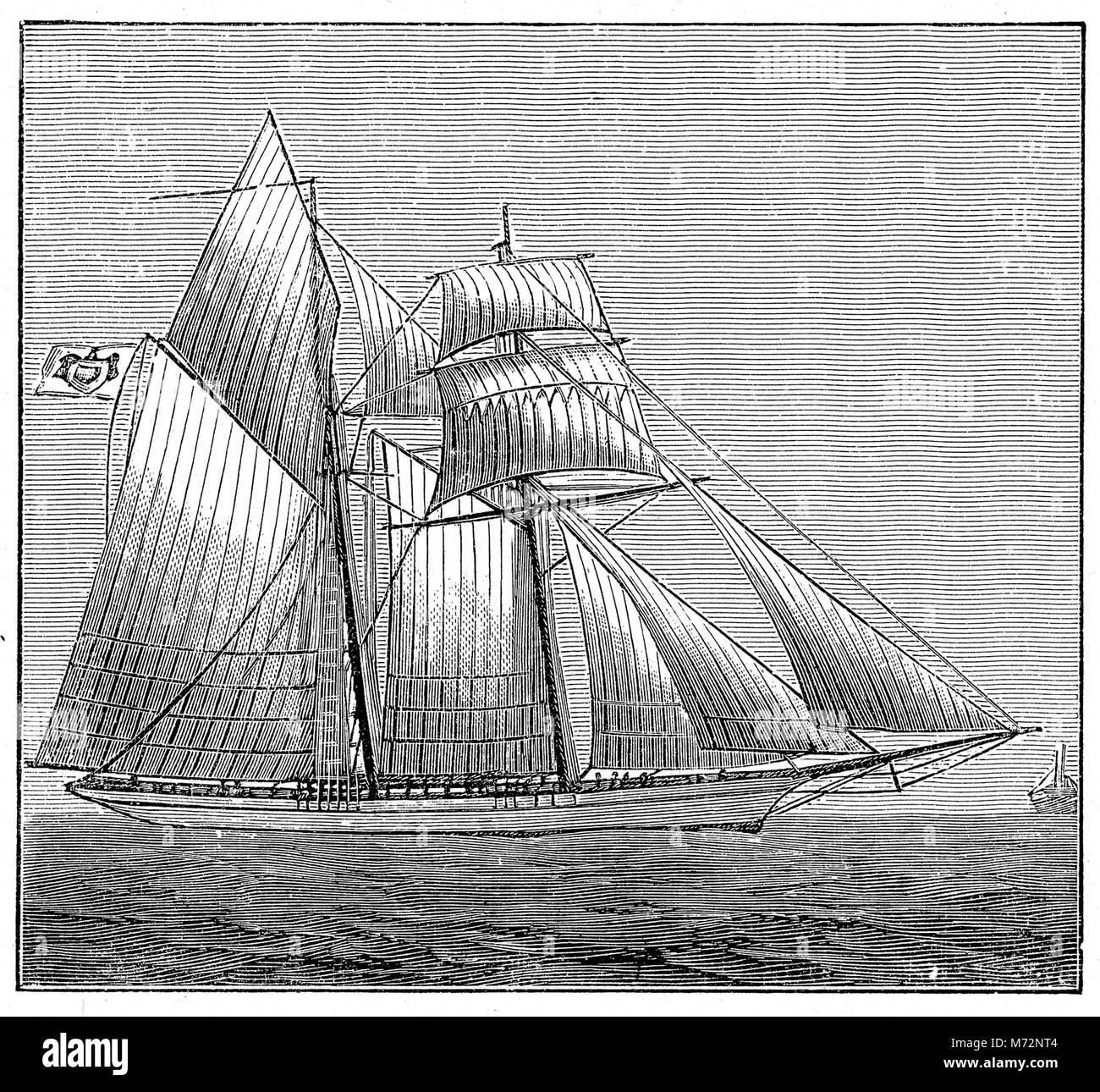 Incisione Vintage dell'Hirondelle 200-ton barca a vela, nave di esplorazione di Alberto I principe di Monaco per il suo viaggio come oceanografo al Mediterraneo, l'Antartide e per le Azzorre. Foto Stock