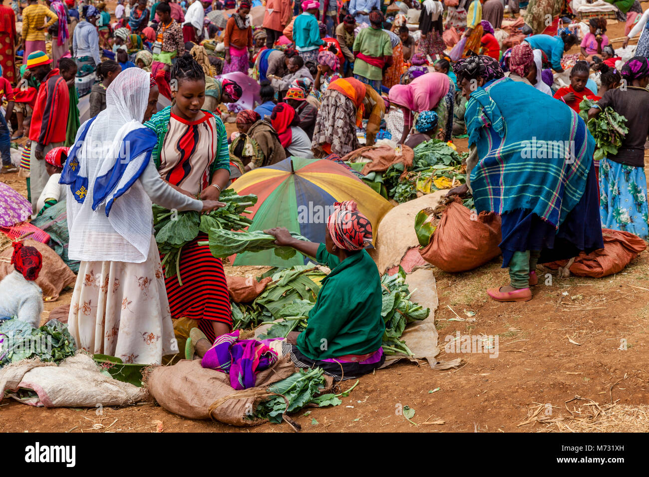 Dorze donne Vendita di verdura presso il famoso mercato del sabato nel villaggio di Chencha, in alta montagna Guge, Gamo Gofa Zona, Etiopia Foto Stock