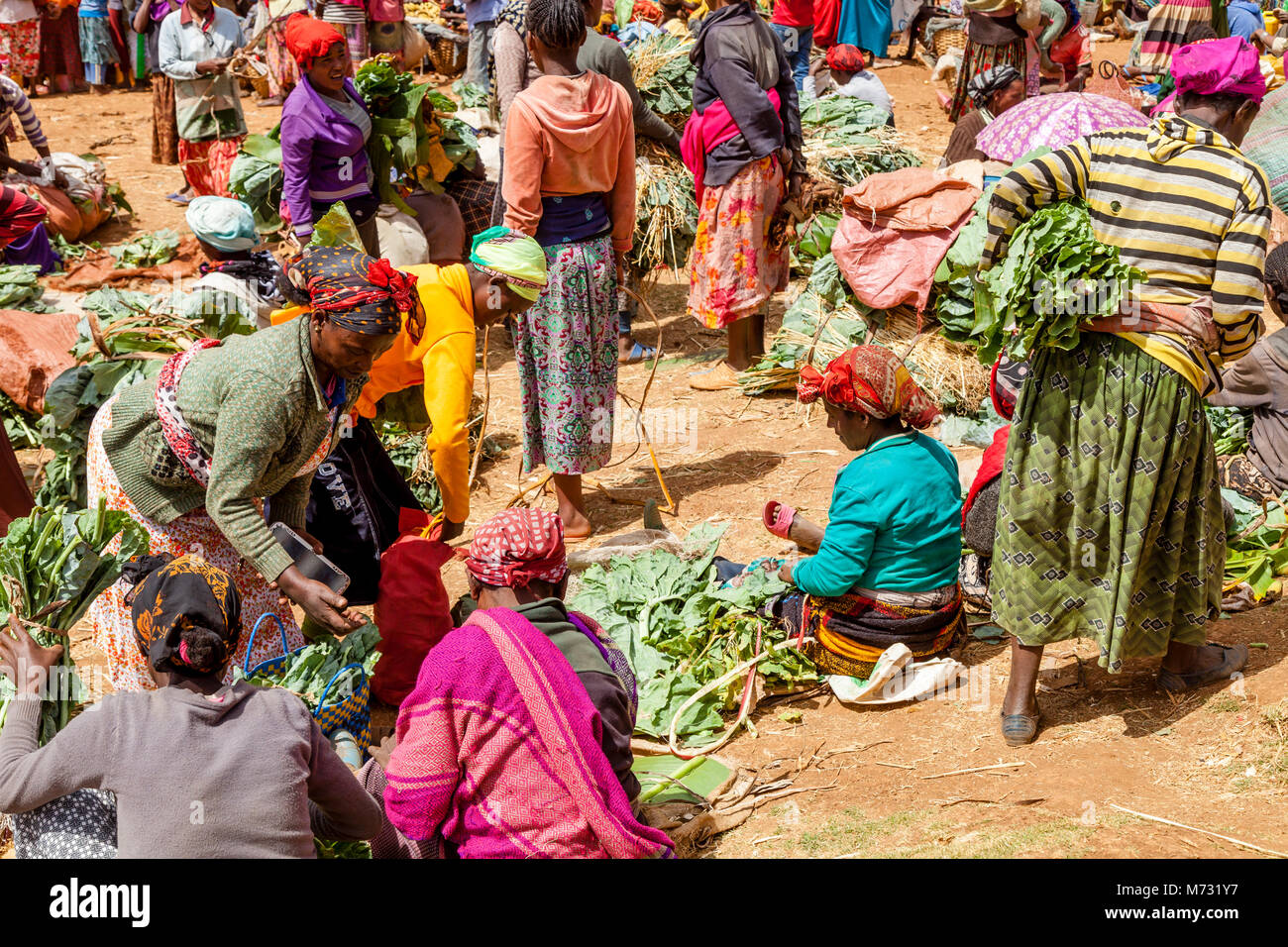 Dorze donne Vendita di verdura presso il famoso mercato del sabato nel villaggio di Chencha, in alta montagna Guge, Gamo Gofa Zona, Etiopia Foto Stock