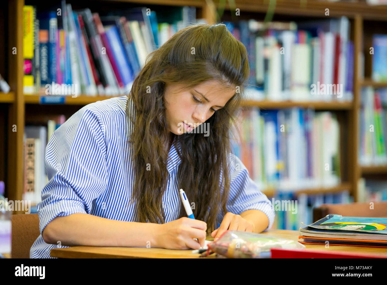 Senior scuola studente femmina studiando nella libreria di un inglese scuola pubblica Foto Stock