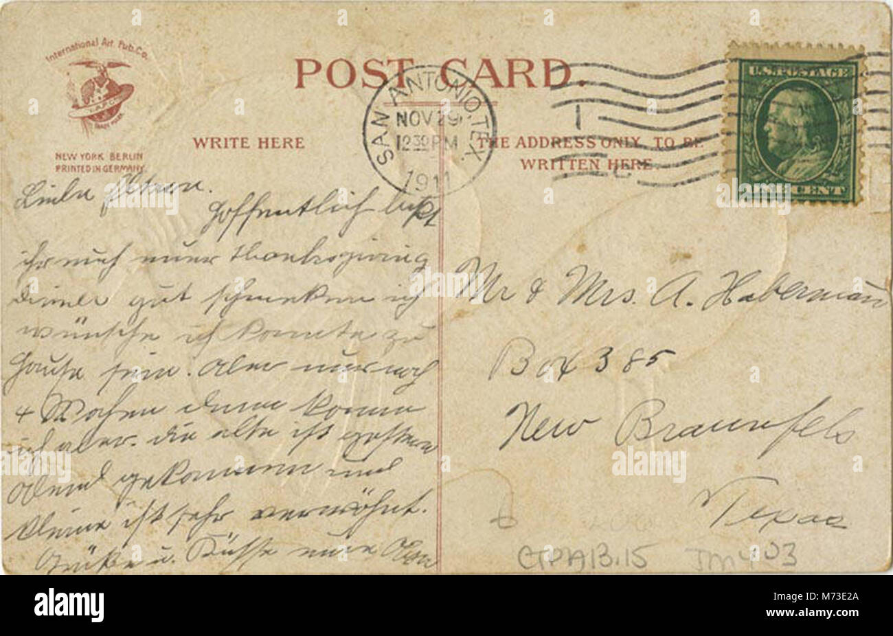 Questo biglietto include due tacchini, inviati come saluti del Ringraziamento. L'immagine rappresenta un tradizionale saluto natalizio americano, incentrato sul simbolismo stagionale del Ringraziamento. Foto Stock