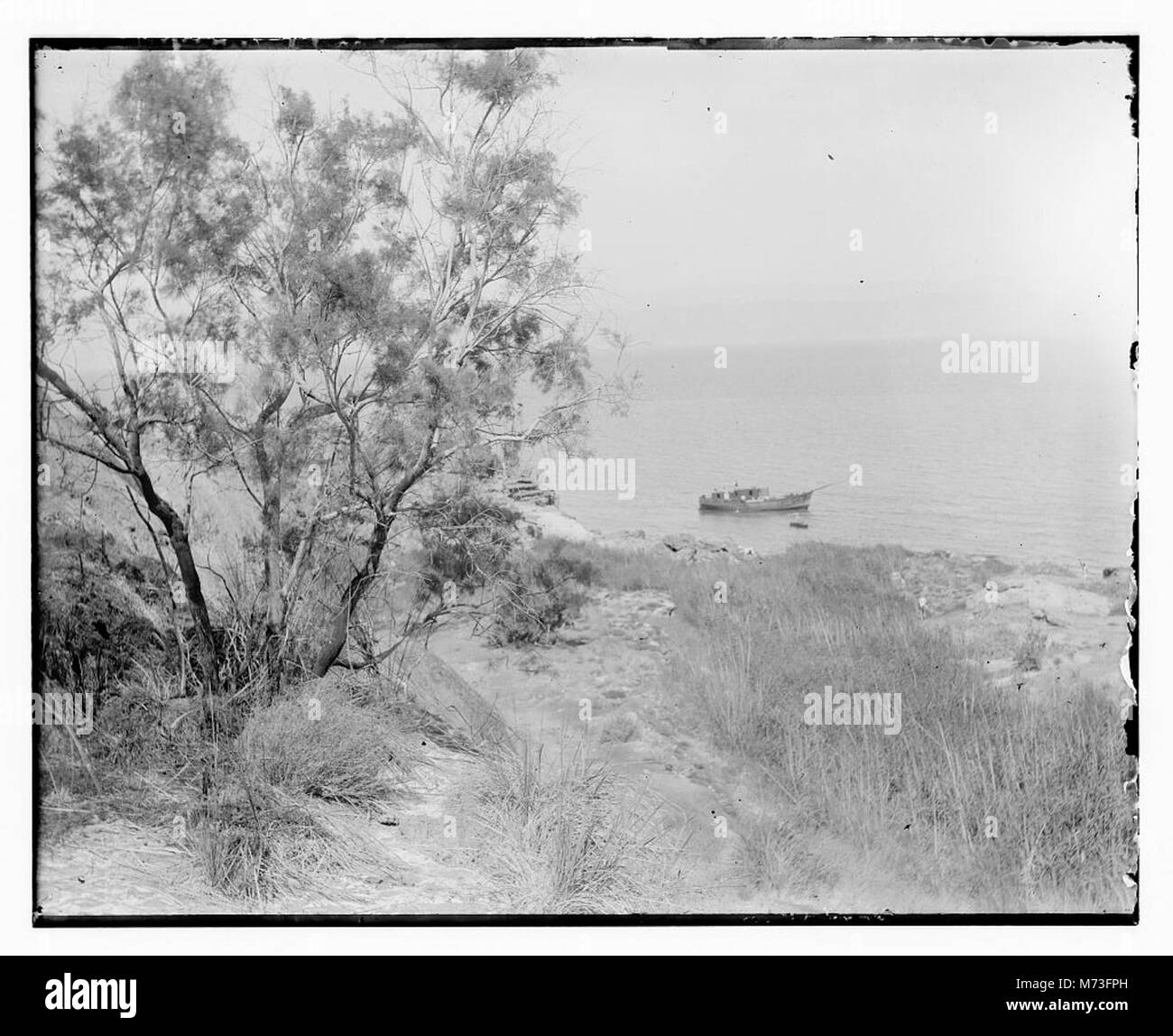 Una fotografia del Mar morto, un lago di acqua salata delimitato da Giordania, Israele e Palestina, noto per la sua estrema salinità e il suo significato storico. Foto Stock