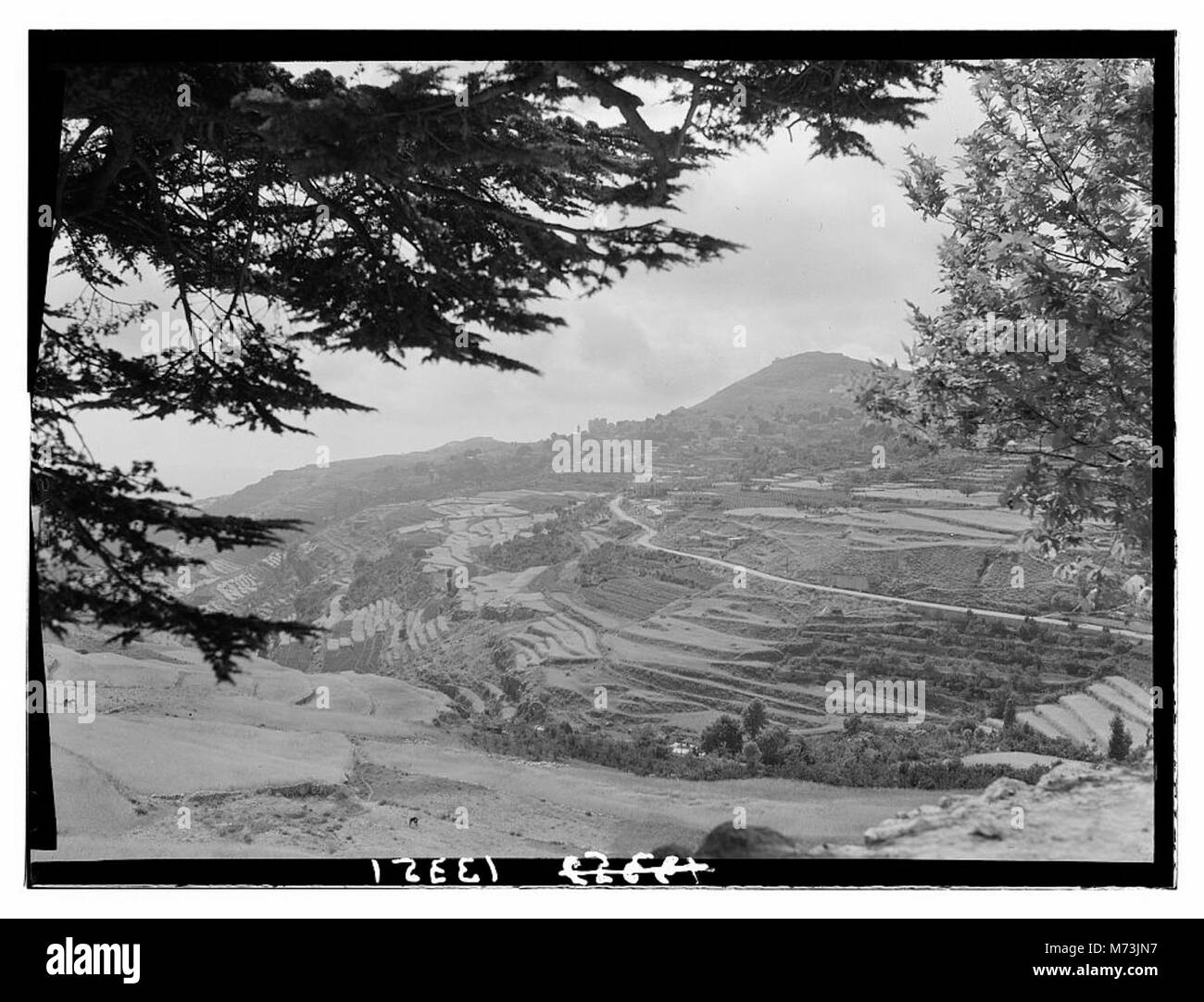 Una vista lontana di Ehdin dal Cedro, catturando il paesaggio della regione con particolare attenzione ai dintorni naturali di questa zona storica. Foto Stock