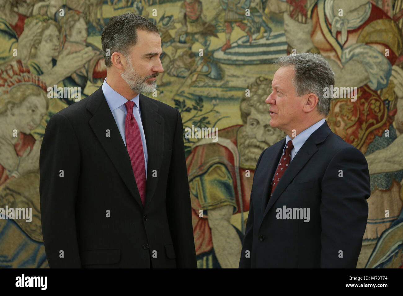 Madrid, Spagna. 8 Marzo, 2018. Re spagnolo Felipe VI con David Beasley direttore del programma alimentare mondiale giovedì 8 marzo 2018, a Madrid. Credito: Gtres Información más Comuniación on line, S.L./Alamy Live News Foto Stock Madrid, Spagna. 8 Marzo, 2018. Re spagnolo Felipe VI con David Beasley direttore del programma alimentare mondiale giovedì 8 marzo 2018, a Madrid. Credito: Gtres Información más Comuniación on line, S.L./Alamy Live News Foto Stock