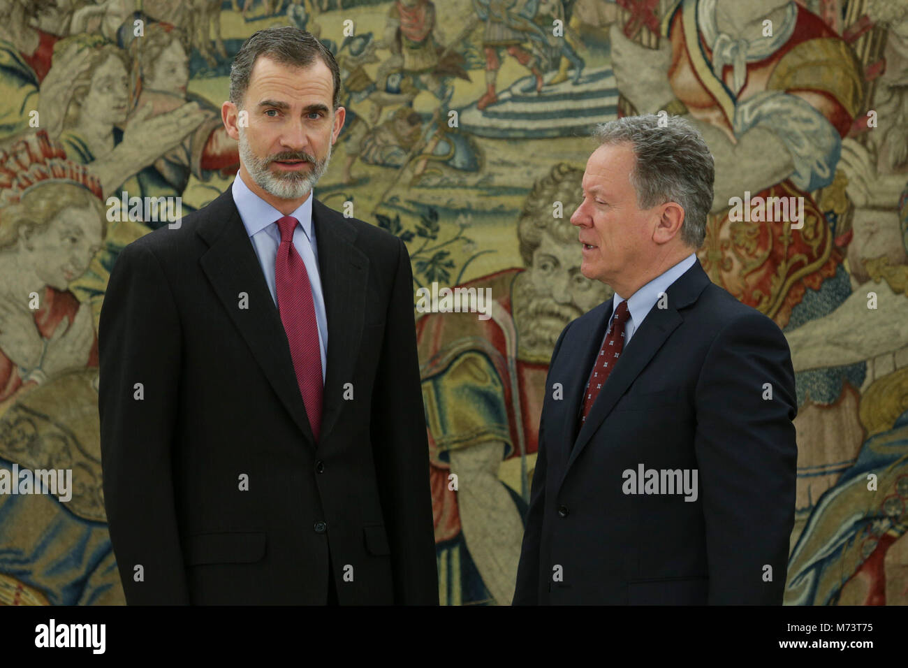 Madrid, Spagna. 8 Marzo, 2018. Re spagnolo Felipe VI con David Beasley direttore del programma alimentare mondiale giovedì 8 marzo 2018, a Madrid. Credito: Gtres Información más Comuniación on line, S.L./Alamy Live News Foto Stock