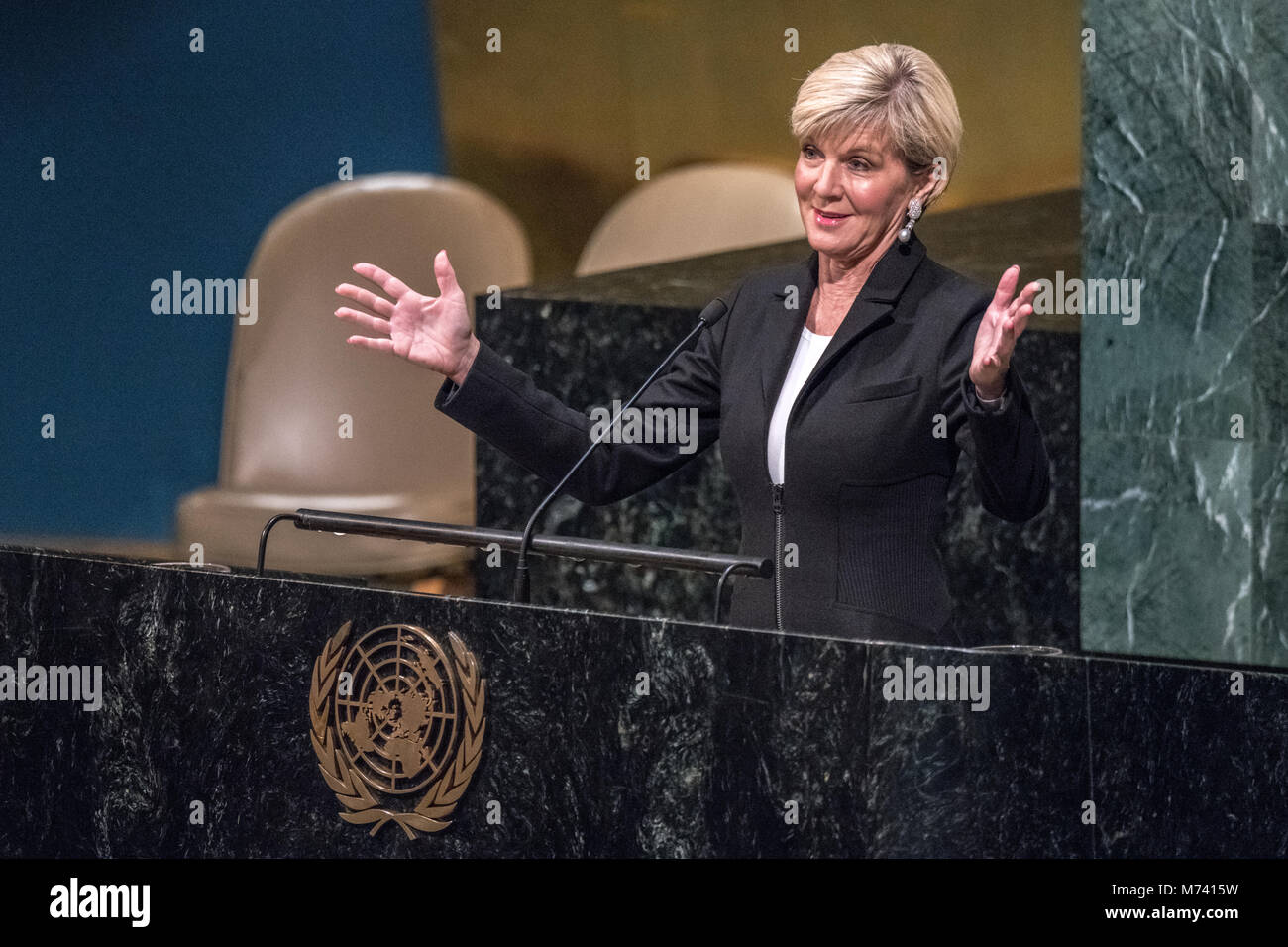 New York, Stati Uniti d'America, 8 Mar 2018. Ministro australiano degli Affari Esteri Julie Vescovo offre un discorso durante la giornata internazionale delle donne presso la sede delle Nazioni Unite a New York City, foto di Enrique Shore/Alamy Live News Foto Stock