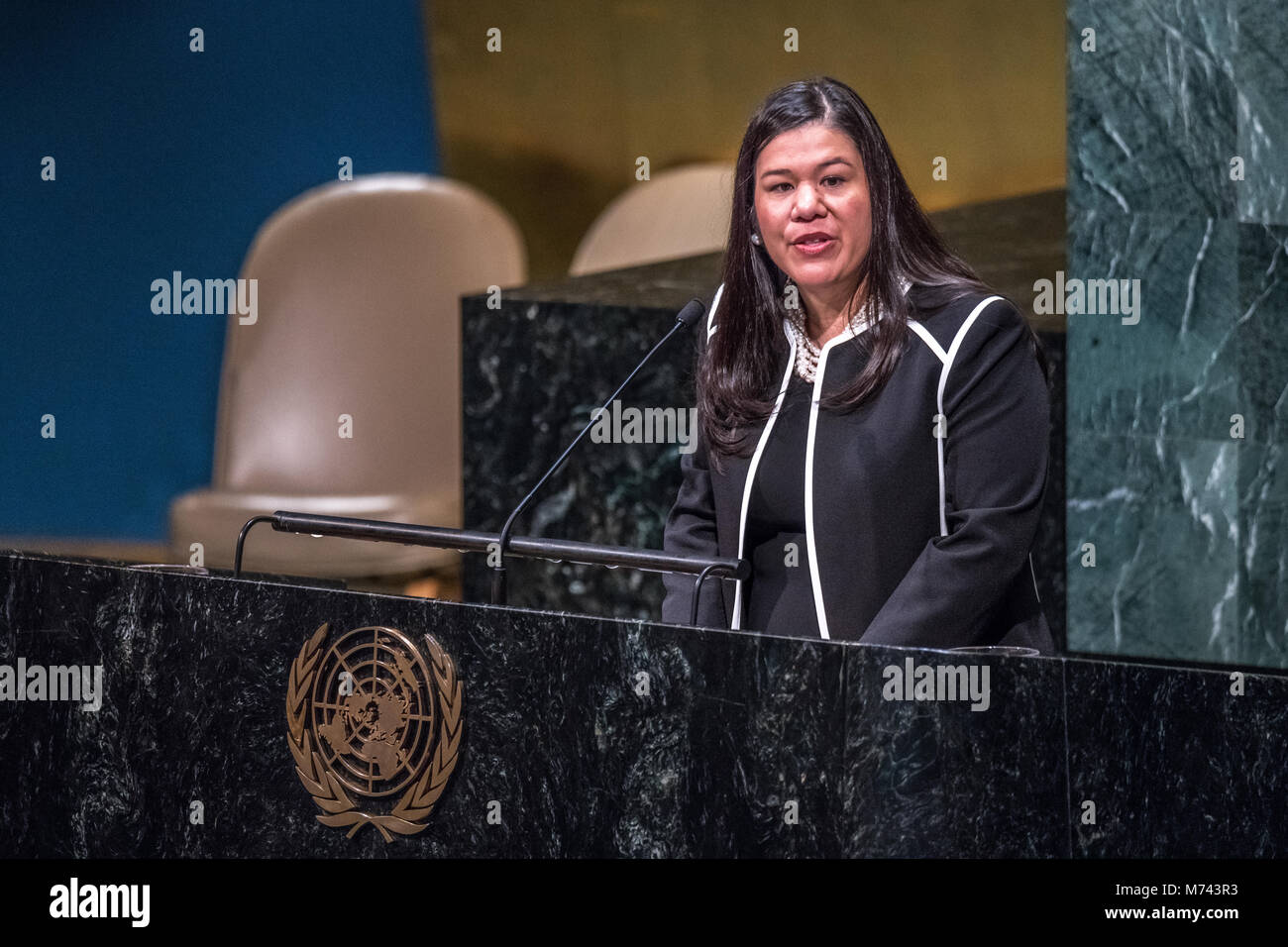 New York, Stati Uniti d'America, 8 Mar 2018. Monica Ramirez, Cofondatore e Presidente di Alianza Nacional de Campesinas, offre il discorso durante la giornata internazionale delle donne presso la sede delle Nazioni Unite a New York City, foto di Enrique Shore/Alamy Live News Foto Stock