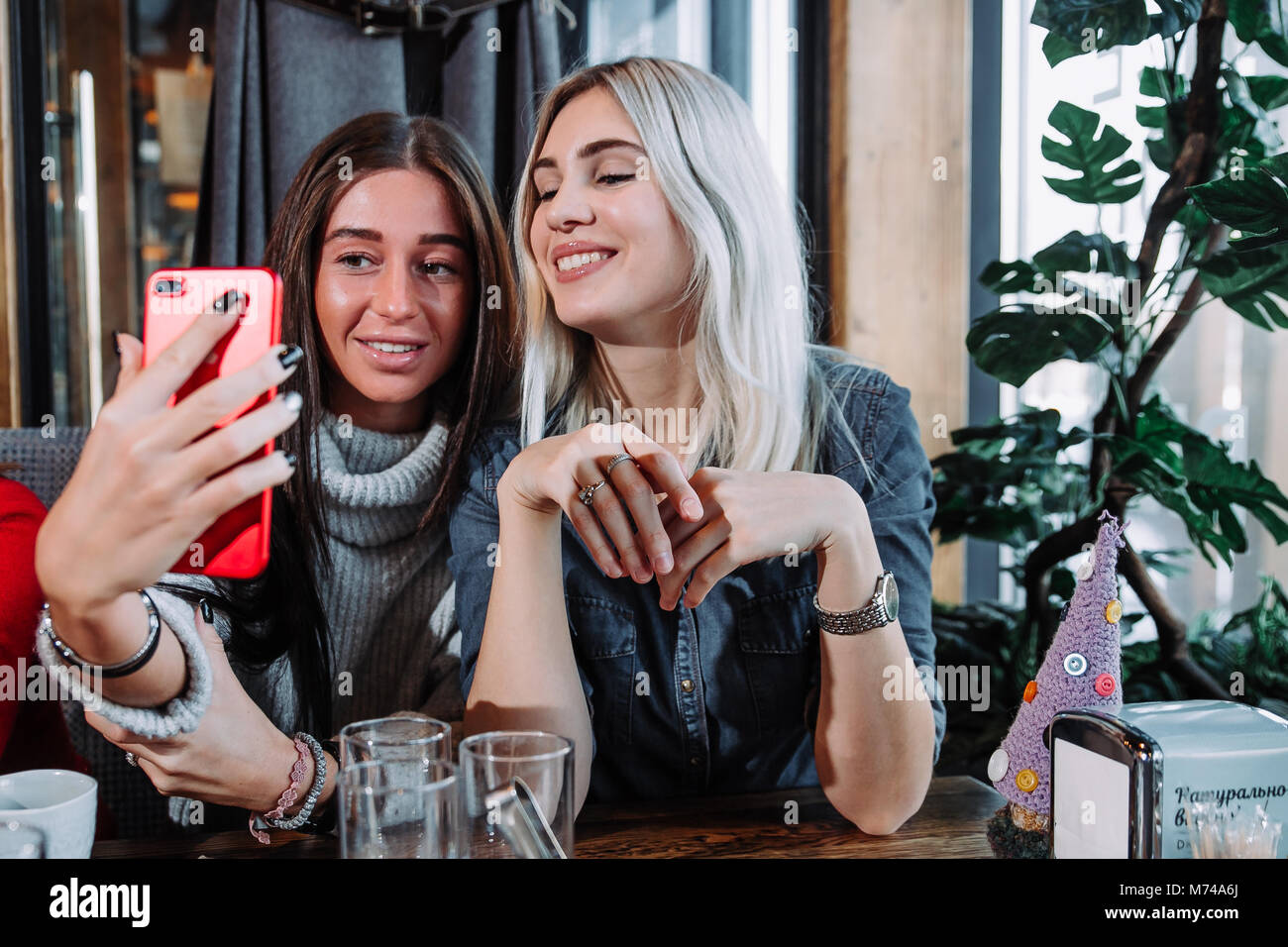 Due belle ragazze stanno facendo selfie in un cafe e sorridente Foto Stock