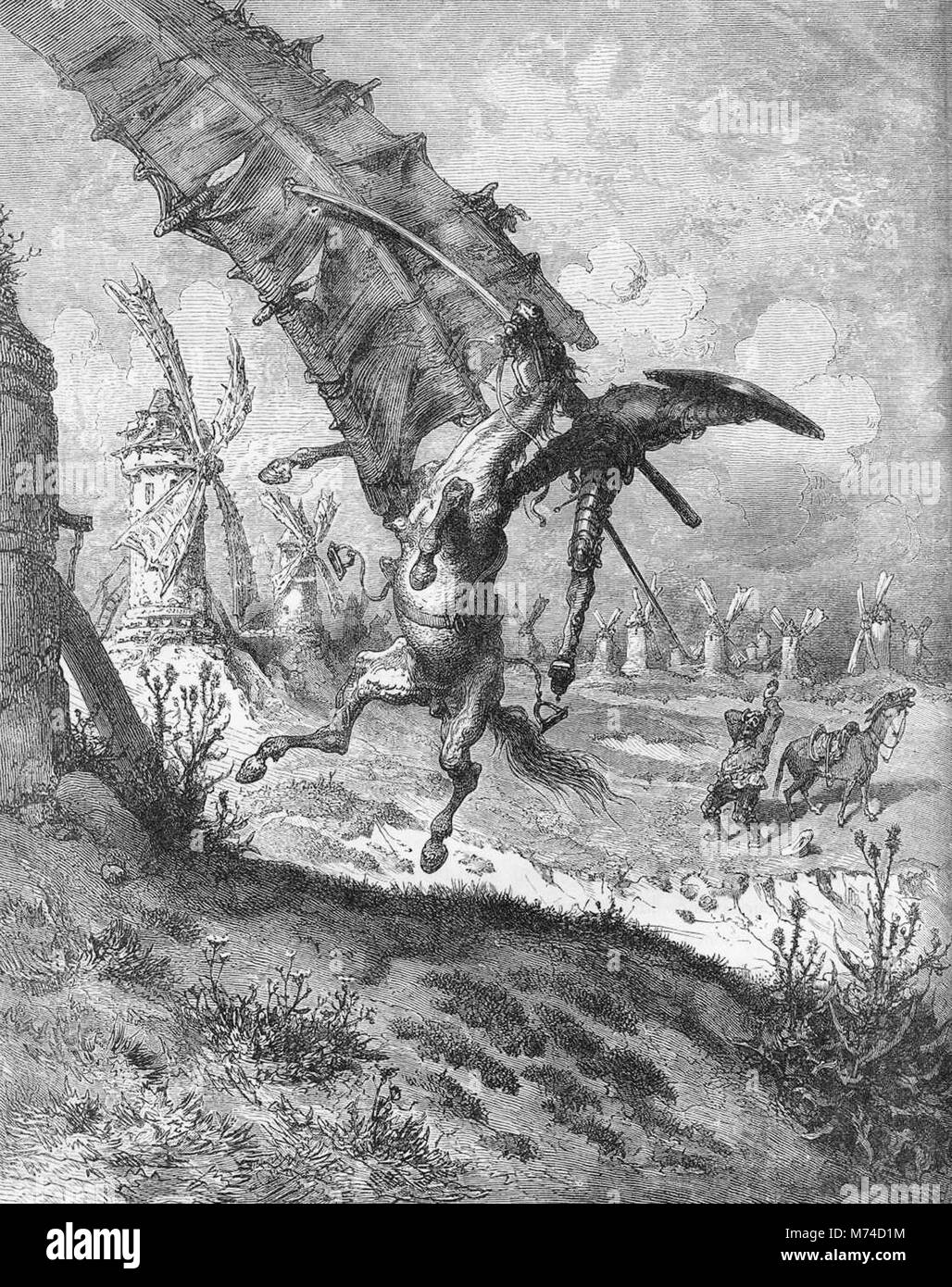 Don Chisciotte e Sancho Panza e i mulini a vento, un'illustrazione da Gustave Dore da un 1880 edizione del Don Quijote di Cervantes. Foto Stock