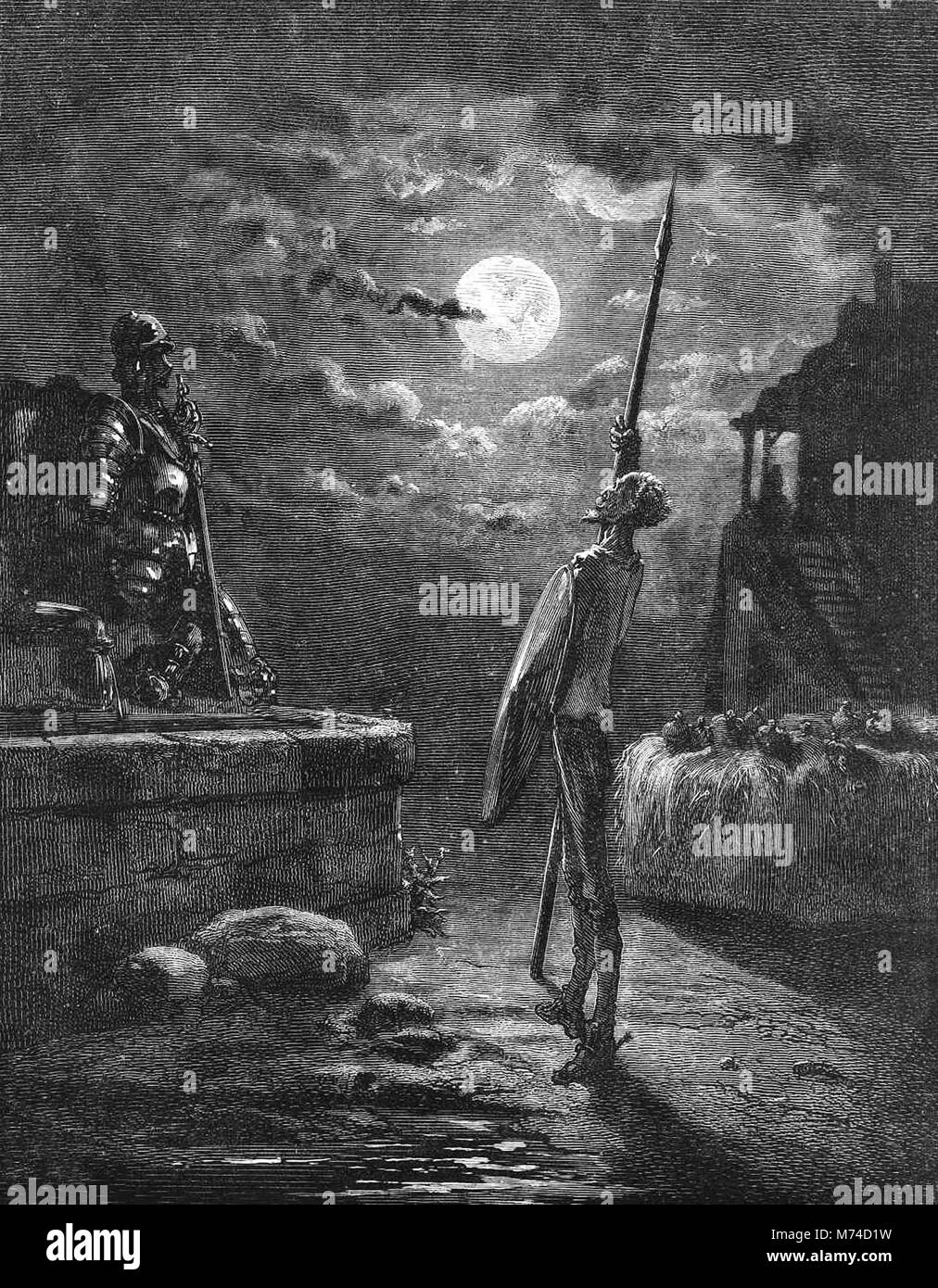 Don Chisciotte custodire la sua armatura, un'illustrazione da Gustave Dore da un 1880 edizione del Don Quijote di Cervantes. Foto Stock