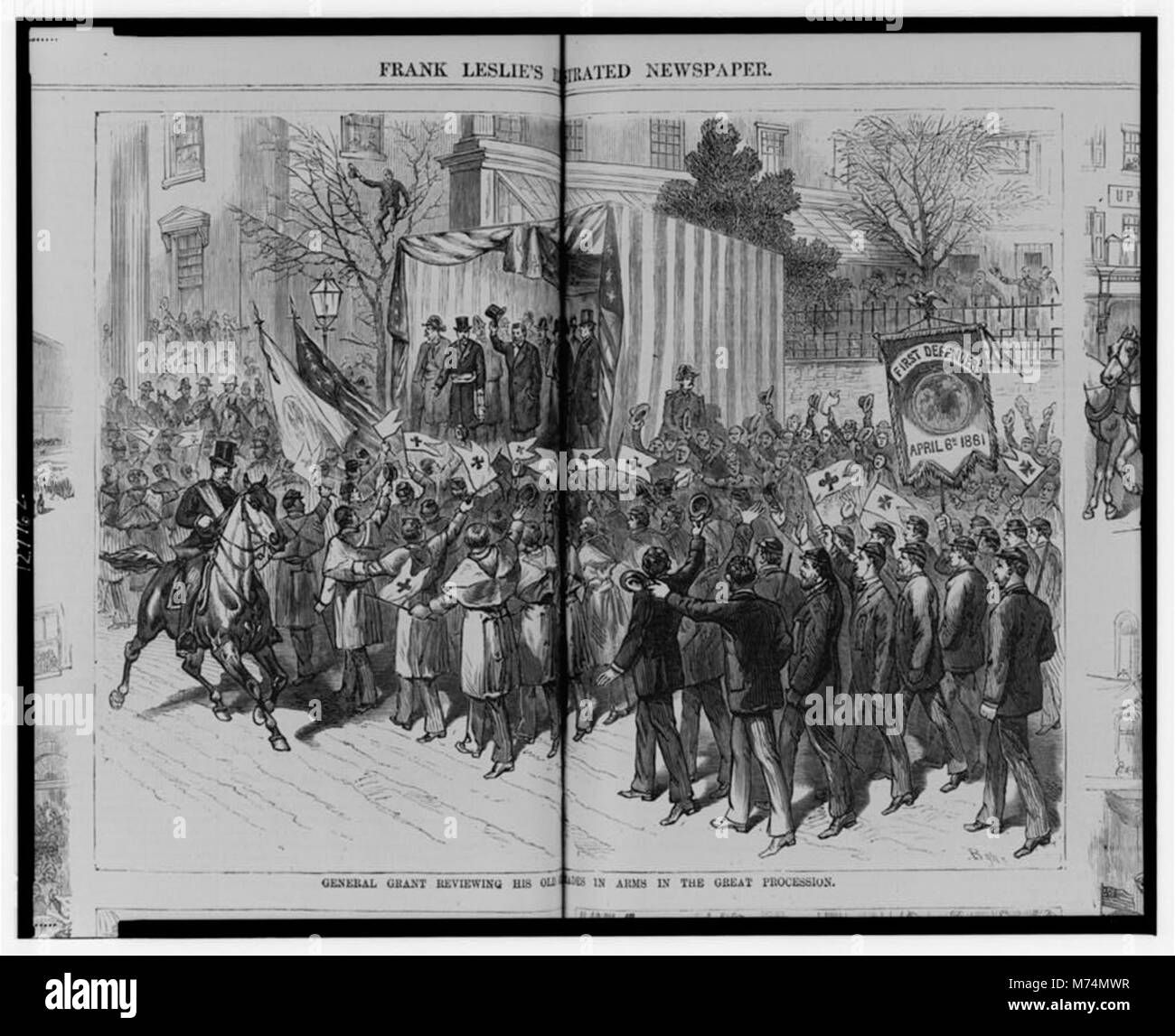 Questa fotografia mostra il generale Ulysses S. Grant che rivede i suoi vecchi compagni d'armi durante una grande processione, probabilmente commemorando una riunione militare, catalogata sotto LCCN2001695511. Foto Stock