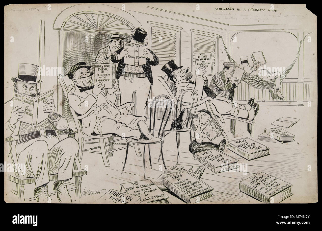Una fotografia storica raffigurante un gruppo di alderni, probabilmente impegnati in discussioni letterarie durante un evento scolastico estivo, catturata nel 1897. Foto Stock