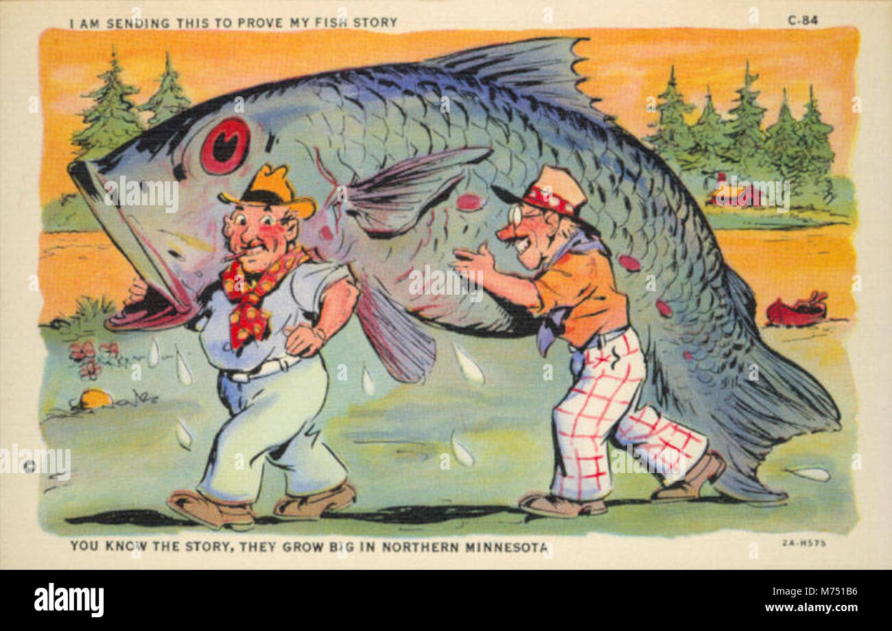 Questa immagine illustra umoristicamente una storia di pesce, con un'esagerata esposizione di un grosso pescato. La didascalia enfatizza il folklore dei racconti dei "pesci grossi", comuni nelle regioni settentrionali. Foto Stock