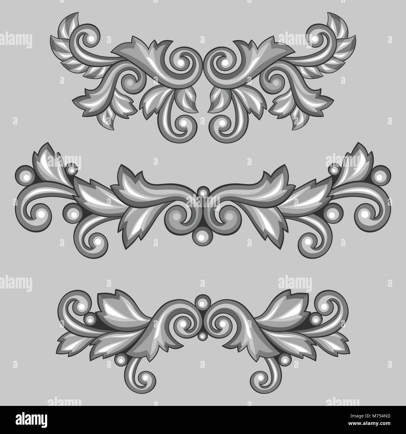 Impostare del barocco ornamentale argento antichi scrolls e vignette Illustrazione Vettoriale