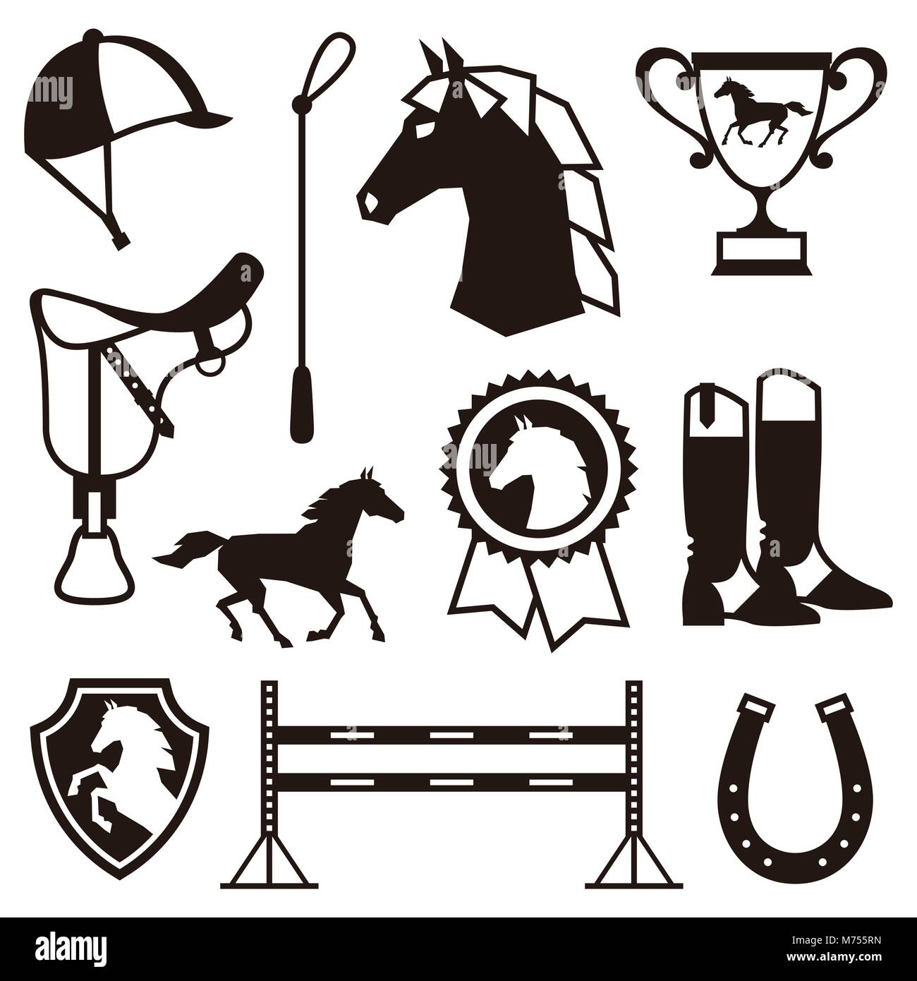 Imposta icona con attrezzatura per cavalli in stile piatto Illustrazione Vettoriale