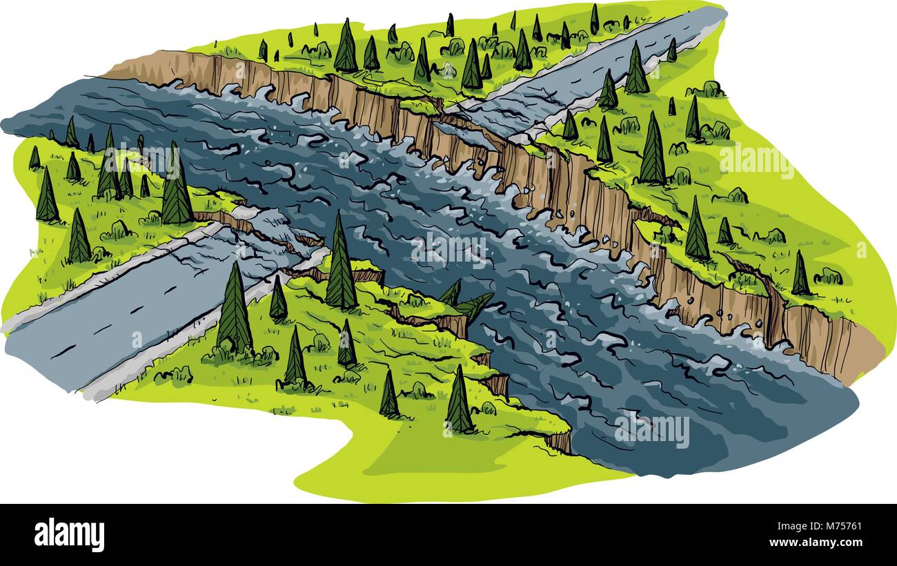 Un cartoon scena di una strada che è stato lavato fuori da infuriano le acque di esondazione. Illustrazione Vettoriale