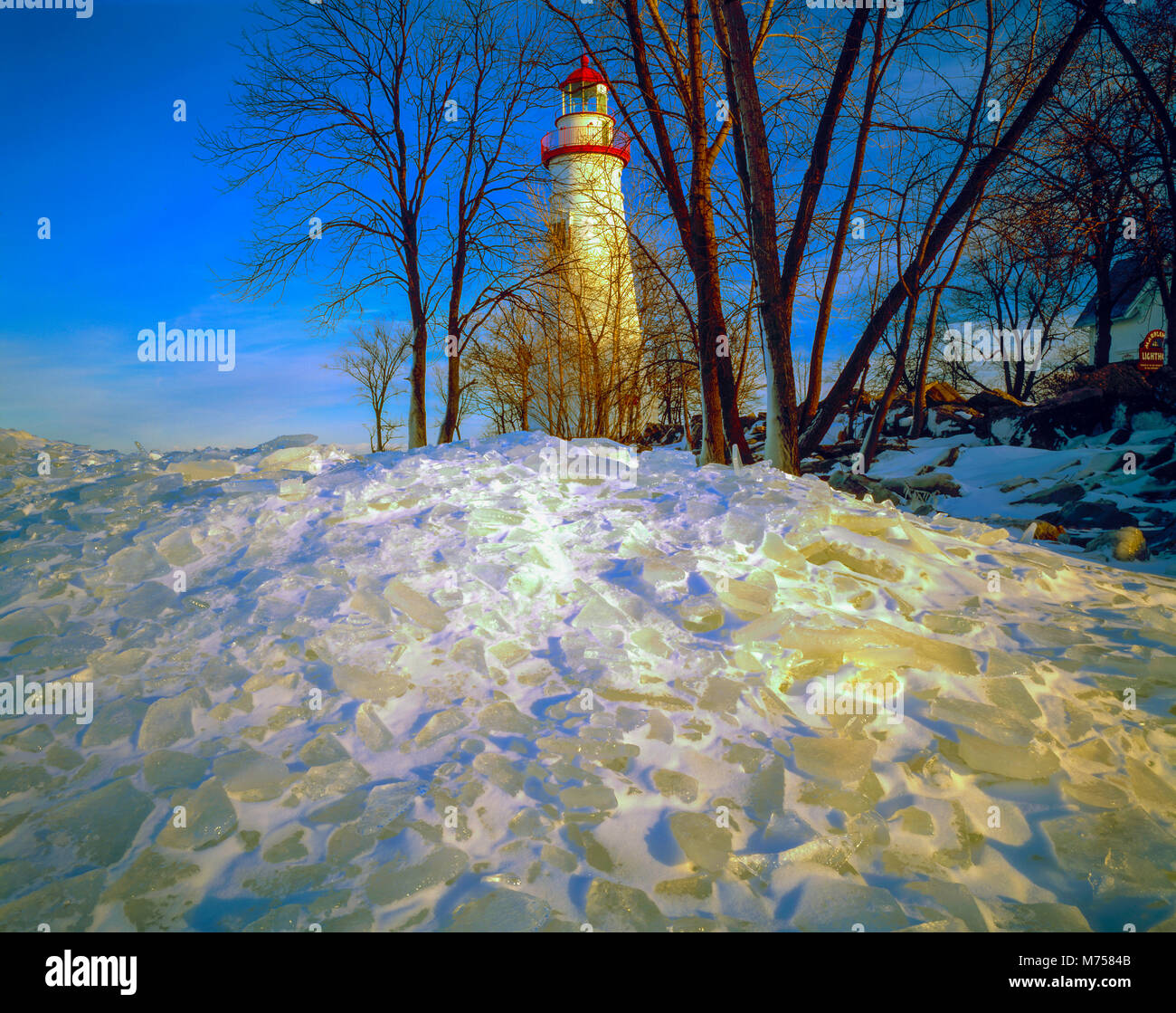 Marblehead faro in inverno, Marblehead, Ohio, il Lago Erie shore faro storico risalente al 1821 Foto Stock