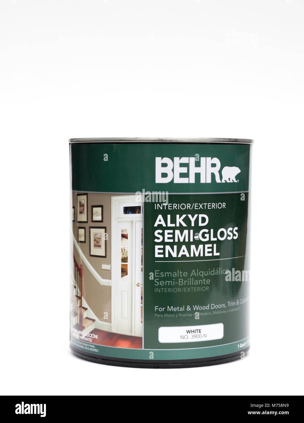 Behr alchide semilucida per pittura a smalto per porte, rivestimento, stampaggio, armadi, letti in ferro battuto, ecc. Foto Stock