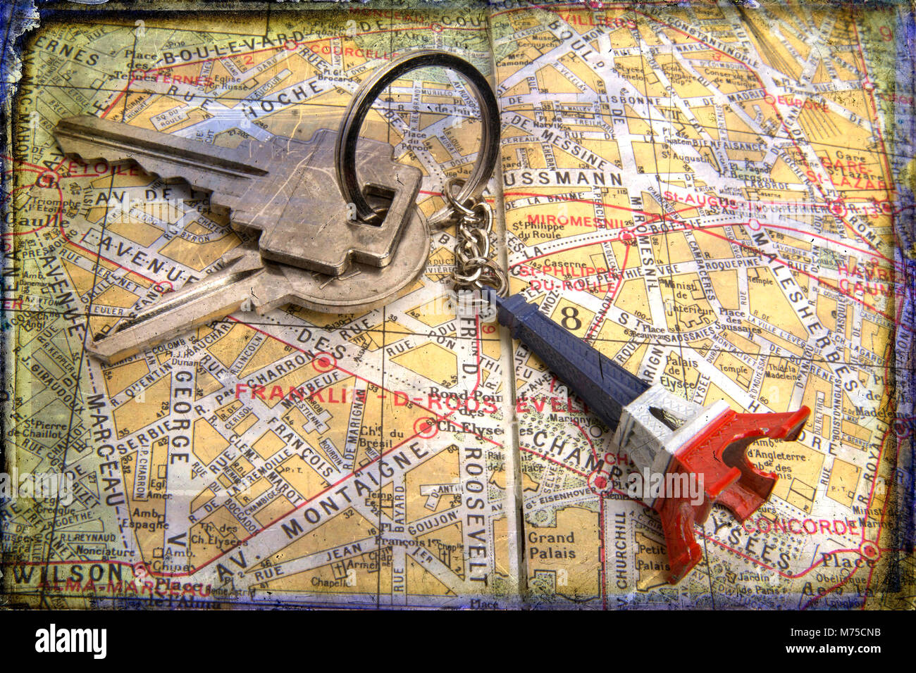 Mappa della città di Parigi con i tasti, mercato immobiliare concetto, Francia, Europa Foto Stock