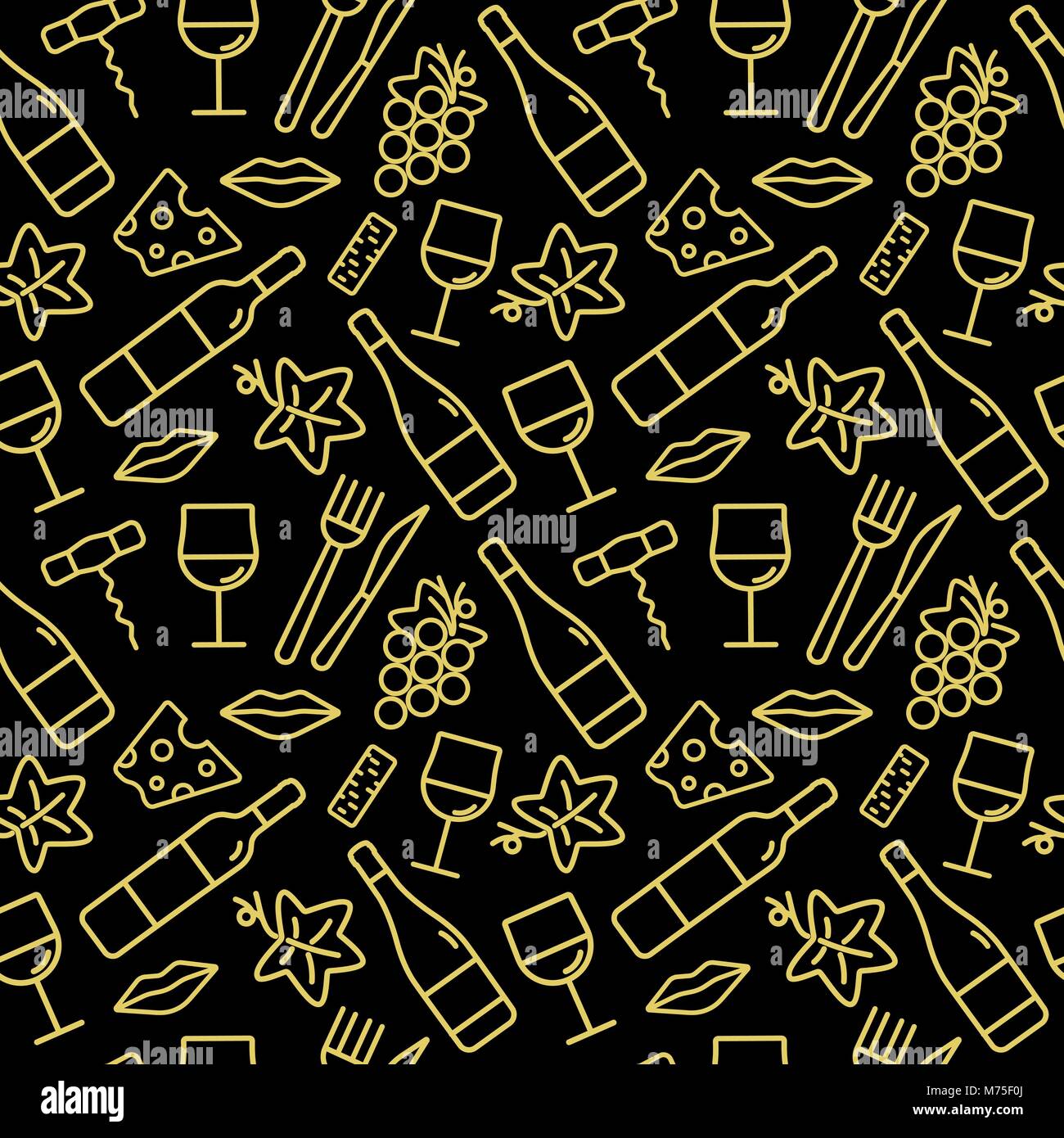 Modello senza soluzione di continuità con le icone di vino. Sfondo per schede, decorazione, menu, web banner e disegni relativi al vino. Illustrazione Vettoriale. Illustrazione Vettoriale