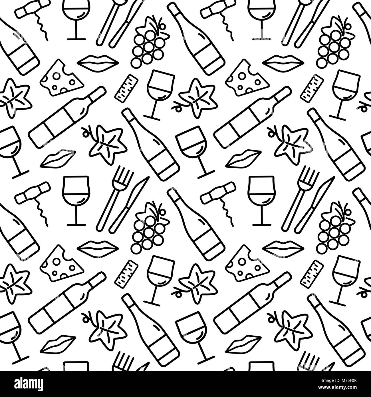 Modello senza cuciture con vino e cibo icone. Sfondo per schede, decorazione, menu, web banner e disegni relativi al vino. Illustrazione Vettoriale. Illustrazione Vettoriale