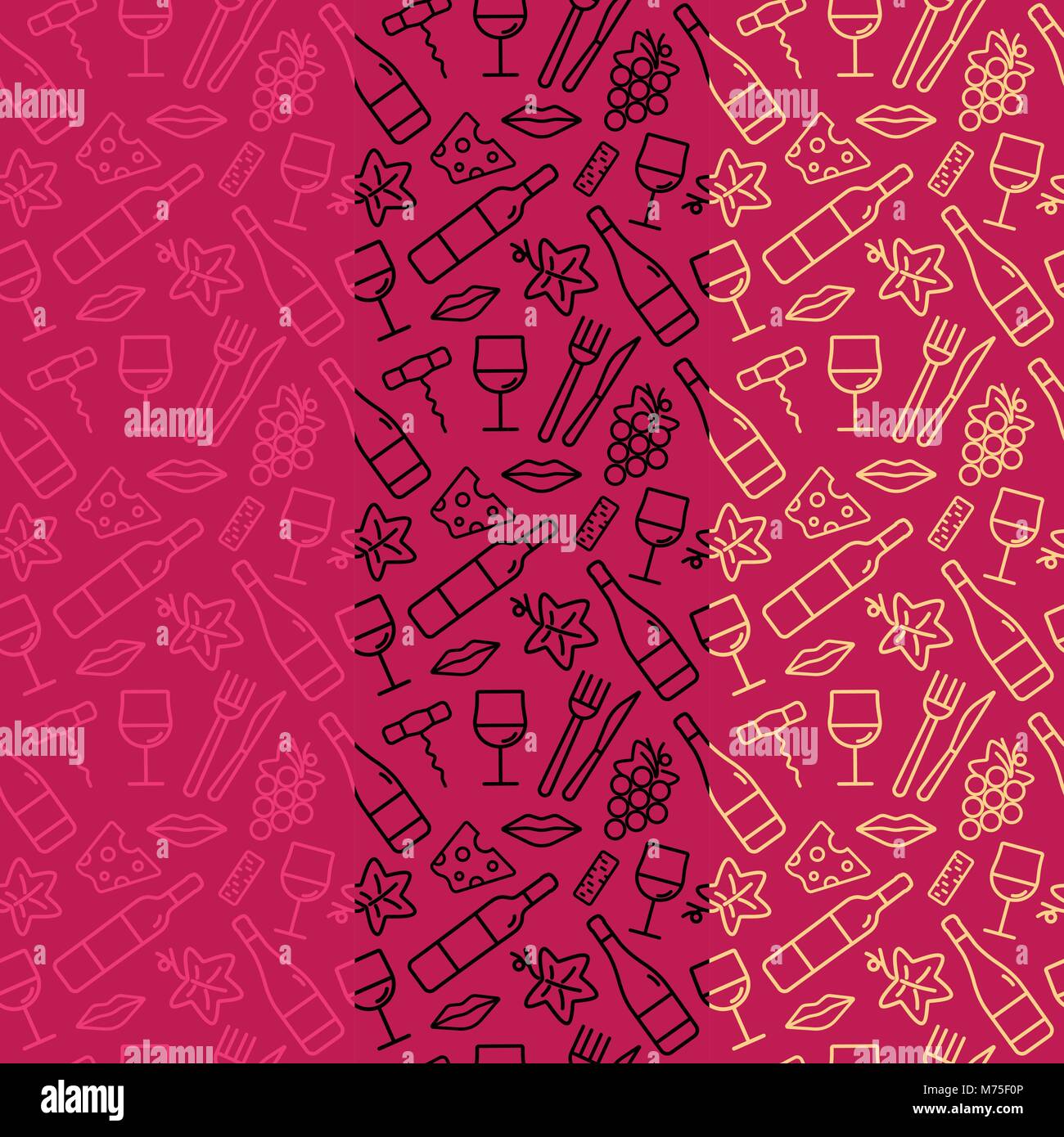 Modello senza cuciture con vino e cibo icone. Sfondo per schede, decorazione, menu, web banner e disegni relativi al vino. Illustrazione Vettoriale. Illustrazione Vettoriale