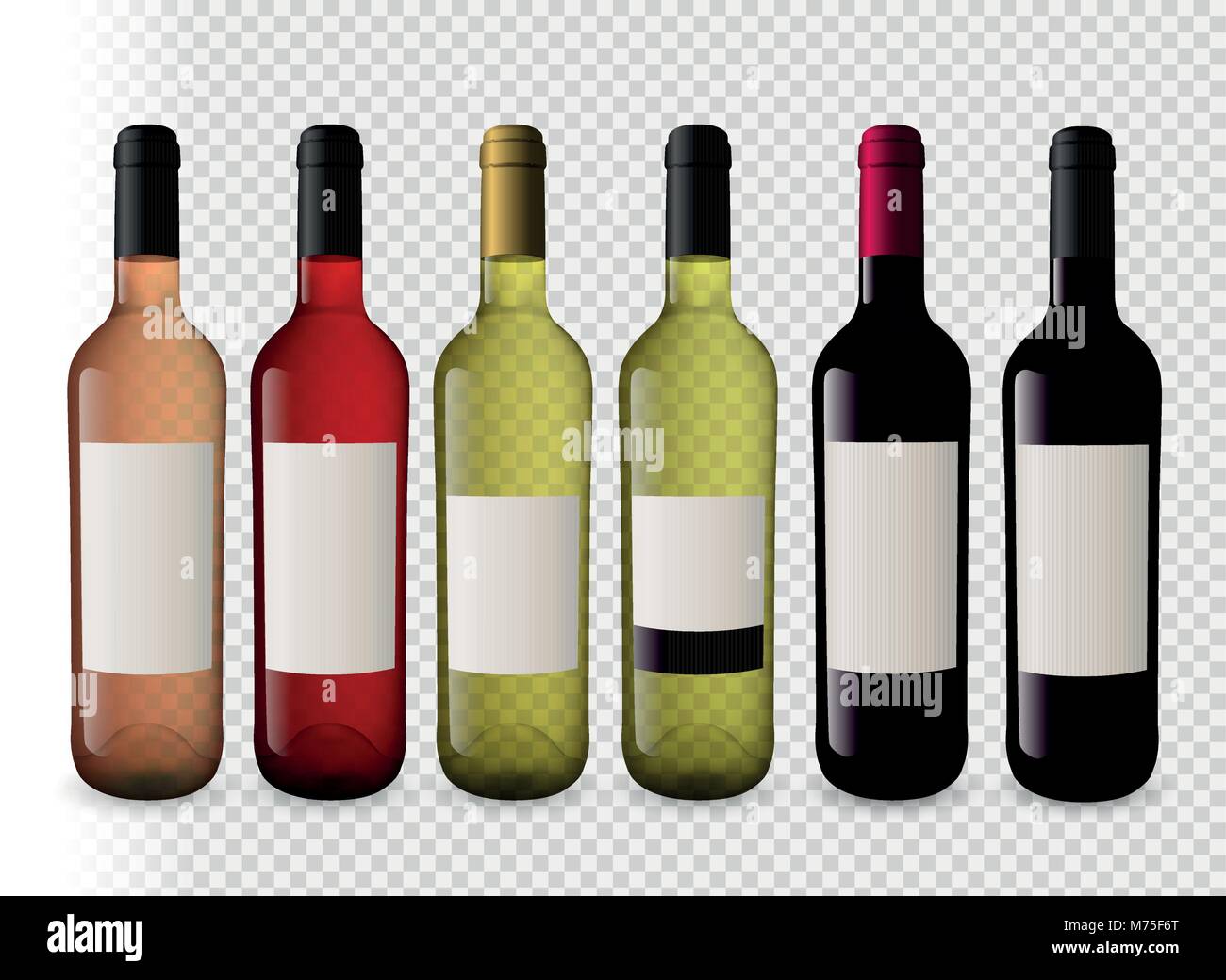 Impostare le illustrazioni delle bottiglie di vino con lo sfondo trasparente. Bottiglie di vino rosso, il vino bianco e il vino rosato. Tappi di diversi colori. Illustrazione Vettoriale