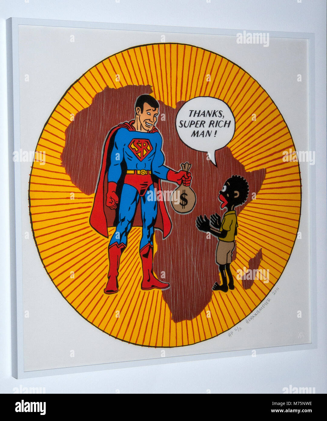 Litografia da artista sudafricano Anton Kannemeyer, b.1967 'Super uomo ricco" (2011) Foto Stock