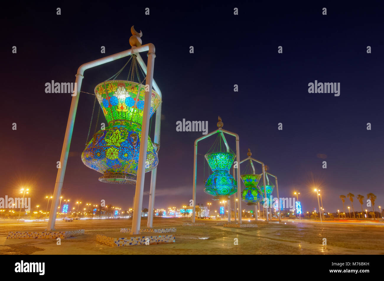 Jeddah Landmark, design Islamico monumento luci antica scultura, Arabia Saudita Foto Stock