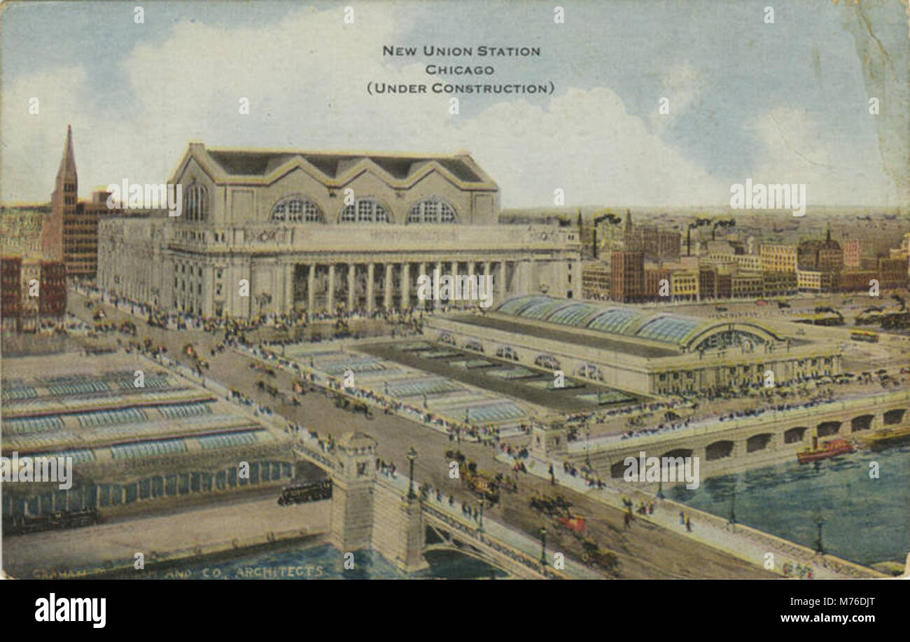 Questa fotografia cattura la costruzione della New Union Station di Chicago, un importante nodo di trasporto in costruzione all'inizio del XX secolo per accogliere il crescente traffico ferroviario della città. Foto Stock