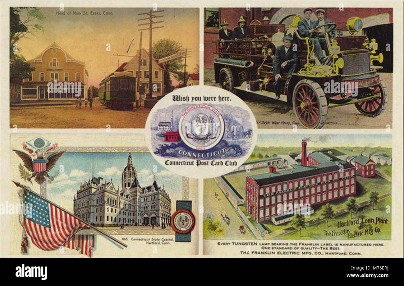 Questa collezione di cartoline del Connecticut Post Card Club presenta varie immagini storiche e culturali, fornendo un'istantanea della storia e del patrimonio locale attraverso fotografie d'epoca. Foto Stock