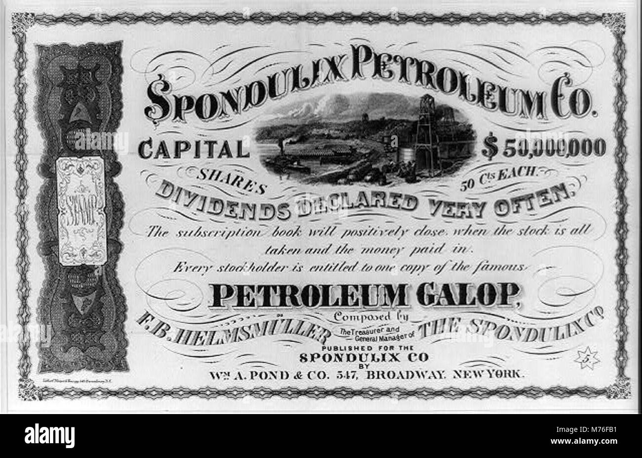 Un documento vintage che mostra una quota di azioni della Spondulix Petroleum Company. L'immagine riflette le pratiche commerciali e di investimento dei primi anni del XX secolo nell'industria petrolifera. Foto Stock