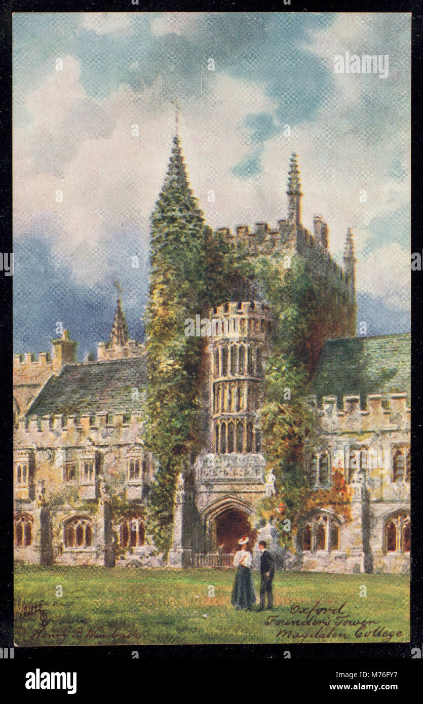 Una fotografia della Founder's Tower al Magdalen College di Oxford, Inghilterra, che mostra l'architettura storica di uno dei college più antichi dell'università. Foto Stock