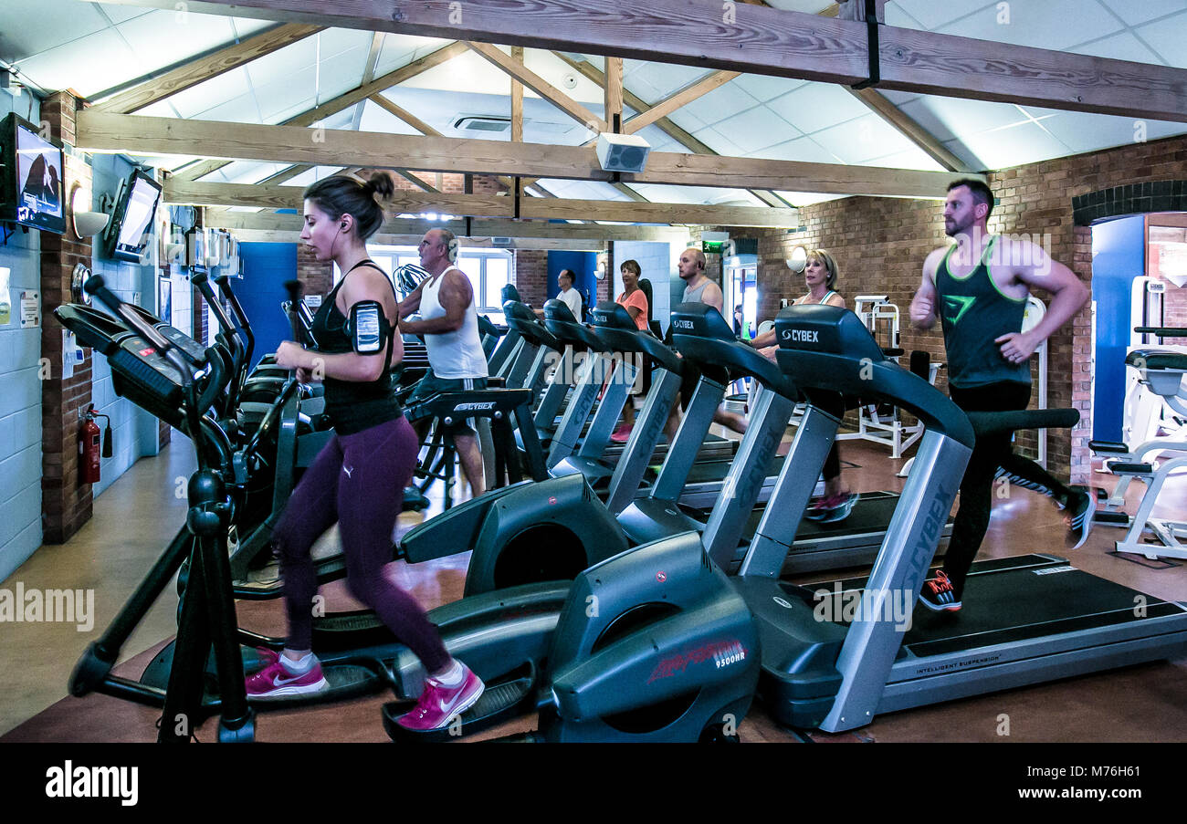 Gli uomini e le donne che usano i cross trainer e tapis roulant in una moderna palestra con travi in legno e pareti in mattoni. Foto Stock