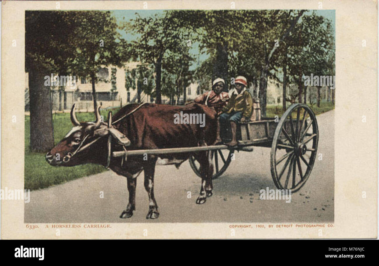 Questa immagine mostra una carrozza senza cavalli, una prima forma di automobile, accanto a un toro. La combinazione del veicolo e dell'animale può evidenziare la transizione dal trasporto animale ai veicoli meccanici durante l'inizio del XX secolo. Foto Stock