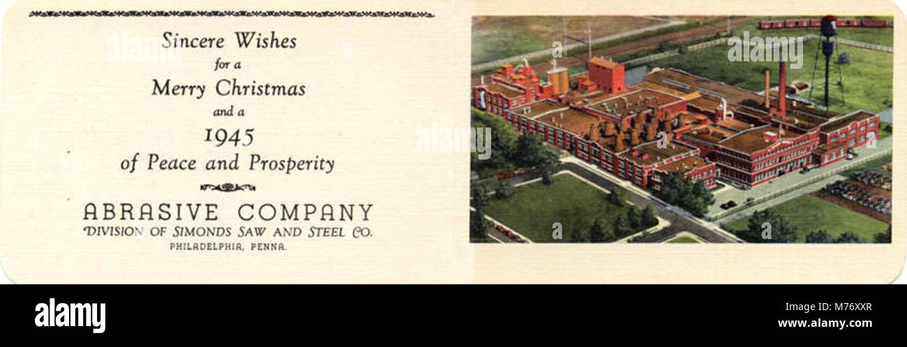 Un biglietto di auguri natalizio da Sidmonds Saw e Steel Co., augurando un buon Natale. La tessera rappresenta la pubblicità natalizia dei primi anni del XX secolo e i saluti aziendali. Foto Stock