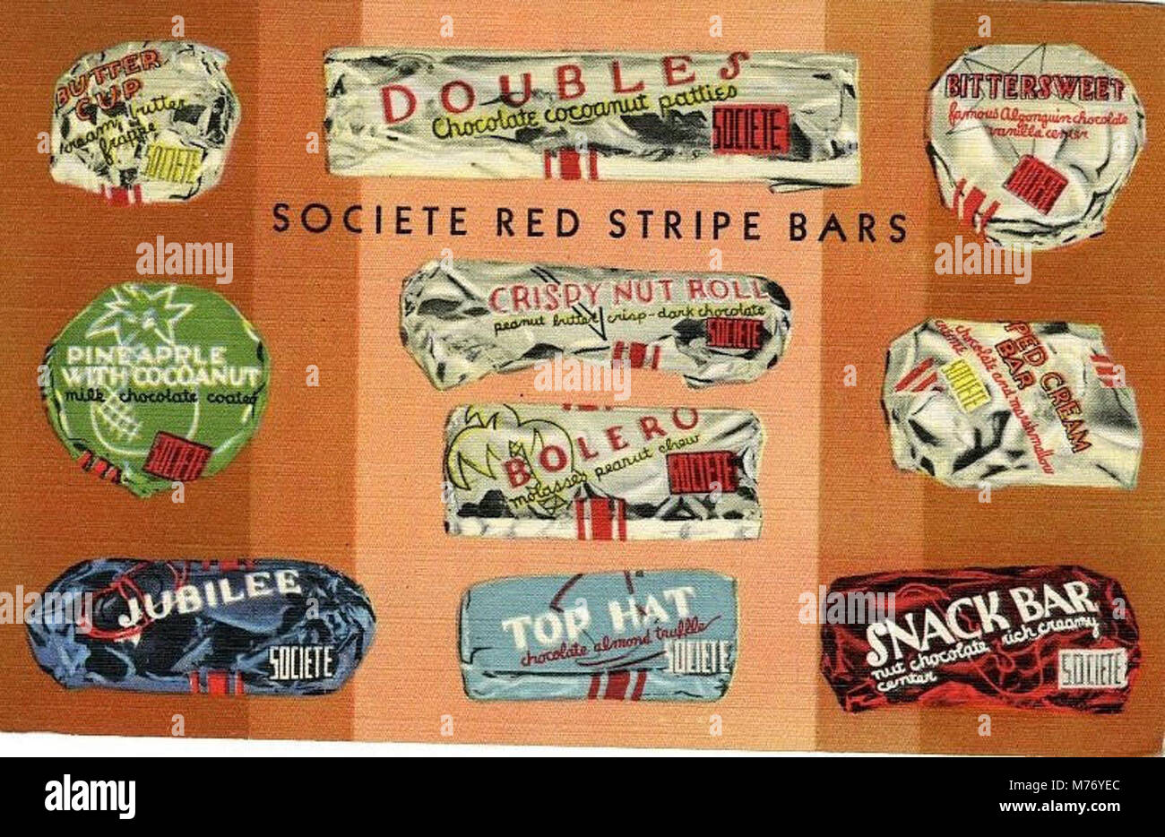 Questa immagine promozionale presenta prodotti di Societe Red Stripe Bar, tra cui mandorle Crespa, cioccolatini e varie offerte speciali per le festività. Questi prodotti riflettono le offerte dolciarie per le feste stagionali. Foto Stock