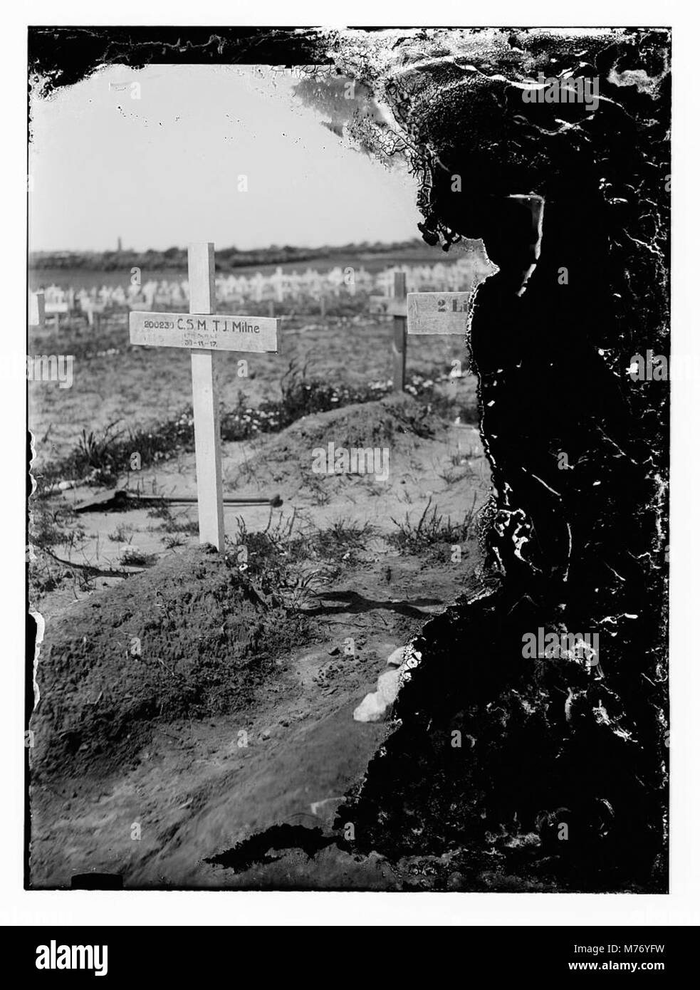 Un'immagine cupa delle tombe dei soldati, probabilmente commemorando coloro che hanno prestato servizio in guerra, evidenziando la solennità del sacrificio militare. Foto Stock