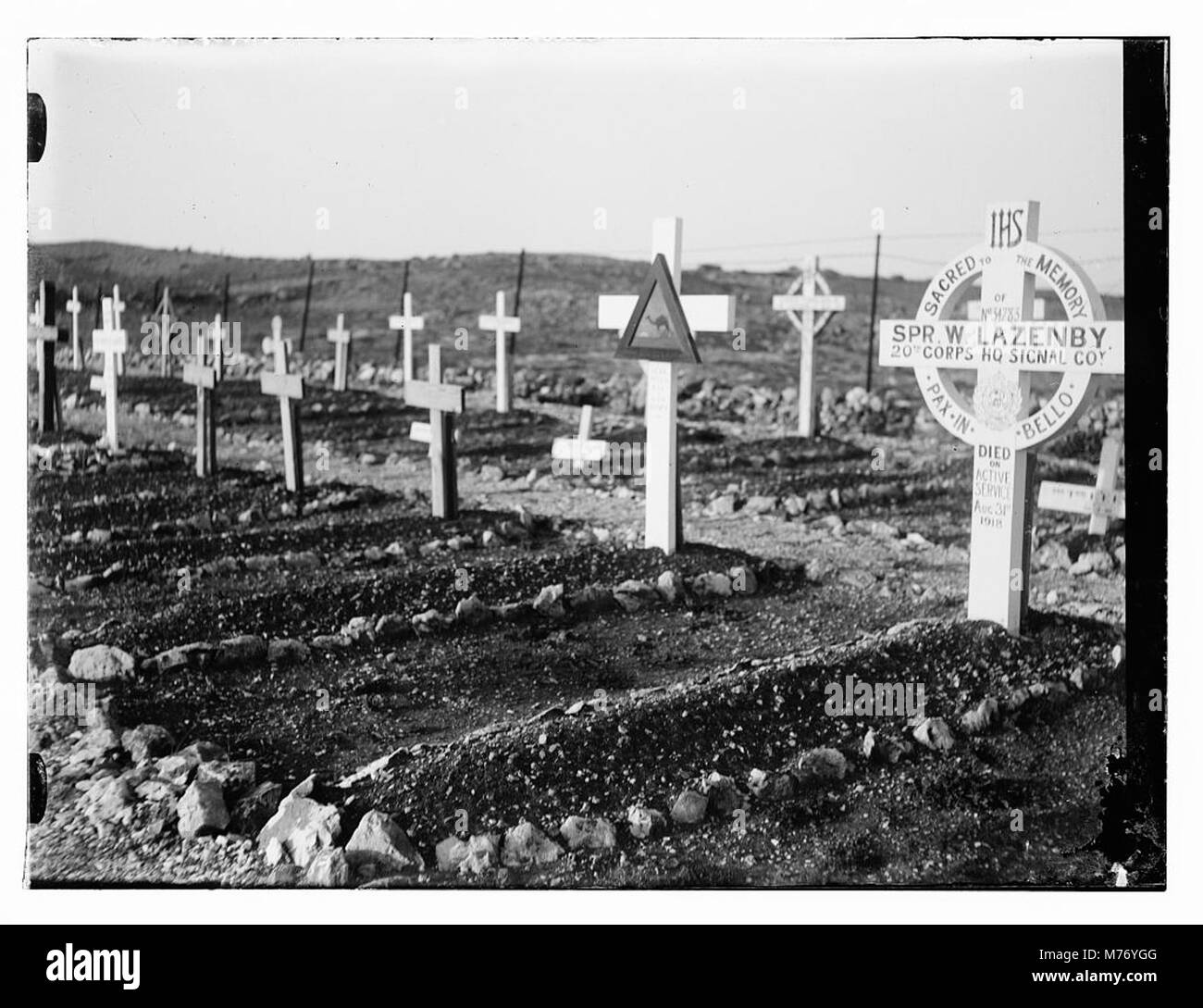 L'immagine raffigura un cimitero contenente le tombe dei soldati, che commemorano i soldati caduti, probabilmente di un conflitto storico o di una guerra. Foto Stock