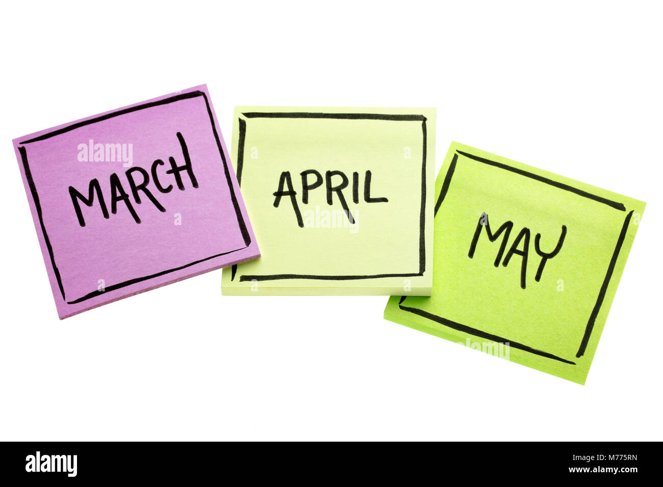 Marzo, Aprile e Maggio - scrittura in inchiostro nero su isolato sticky notes Foto Stock