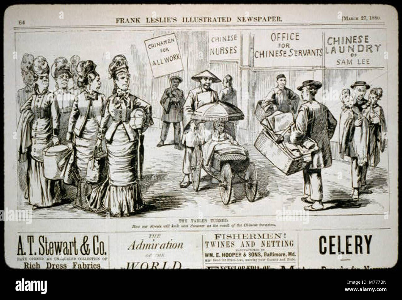 Questa caricatura del XIX secolo riflette le opinioni pregiudizievoli e xenofobe di alcuni americani nei confronti degli immigrati cinesi durante il periodo. Mostra un ritratto satirico della comunità cinese in America. Foto Stock Questa caricatura del XIX secolo riflette le opinioni pregiudizievoli e xenofobe di alcuni americani nei confronti degli immigrati cinesi durante il periodo. Mostra un ritratto satirico della comunità cinese in America. Foto Stock