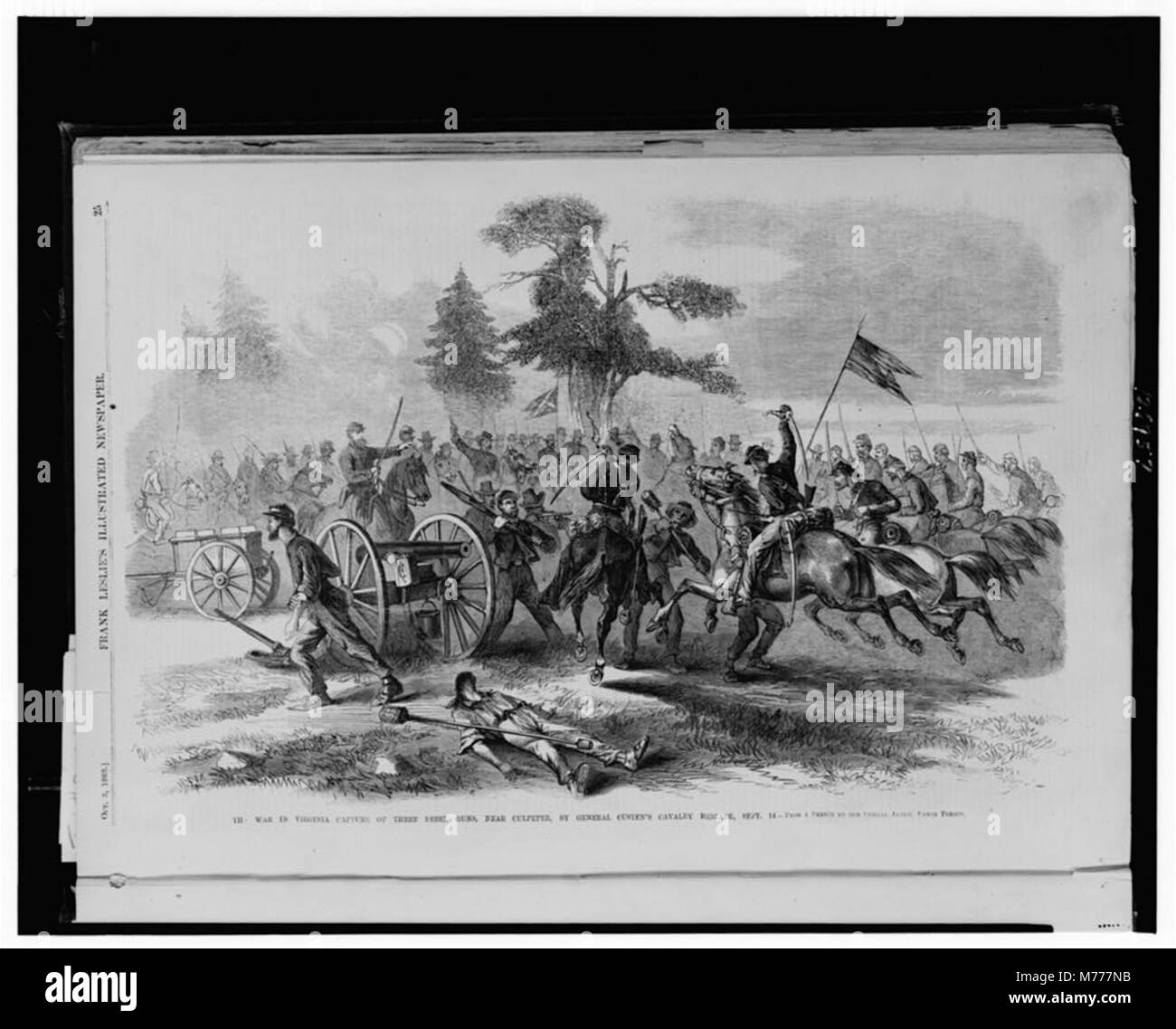 Una rappresentazione storica della cattura di tre cannoni confederati vicino a Culpeper, Virginia, da parte della brigata di cavalleria del generale Custen durante la guerra civile, illustrata da Edwin Forbes. Foto Stock